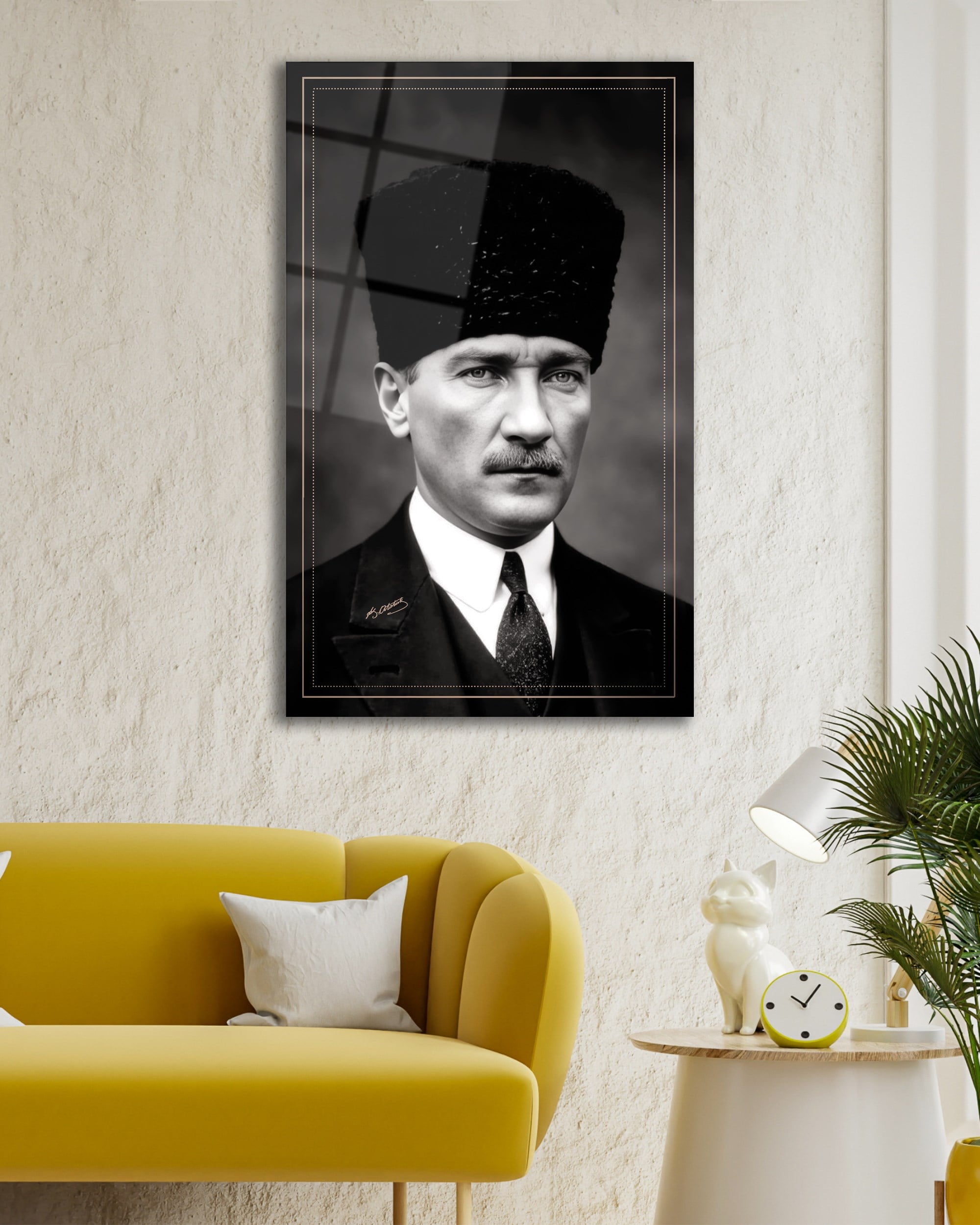 Mustafa Kemal Atatürk Siyah Beyaz Cam Tablo | Klasik Atatürk Portresi | 4 mm Temperli Cam Duvar Tablosu