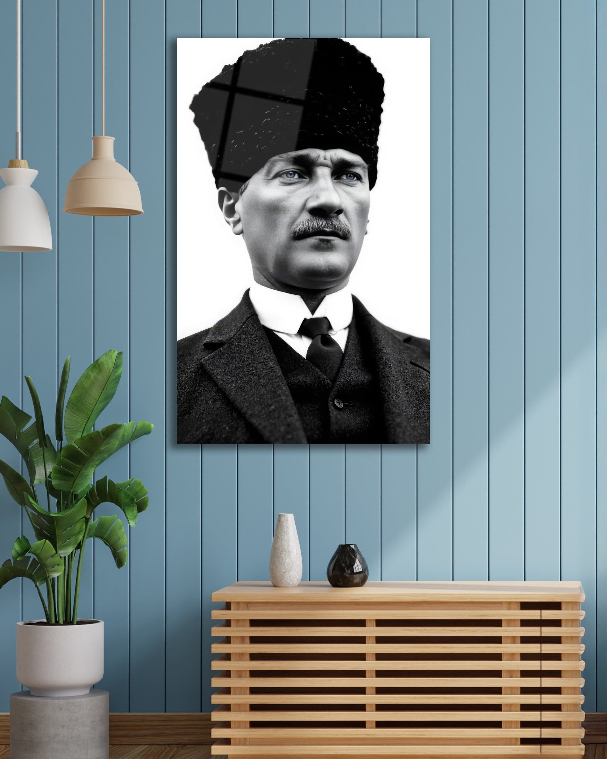 Mustafa Kemal Atatürk Siyah Beyaz Cam Tablo | Klasik Atatürk Portresi | 4 mm Temperli Cam Duvar Tablosu