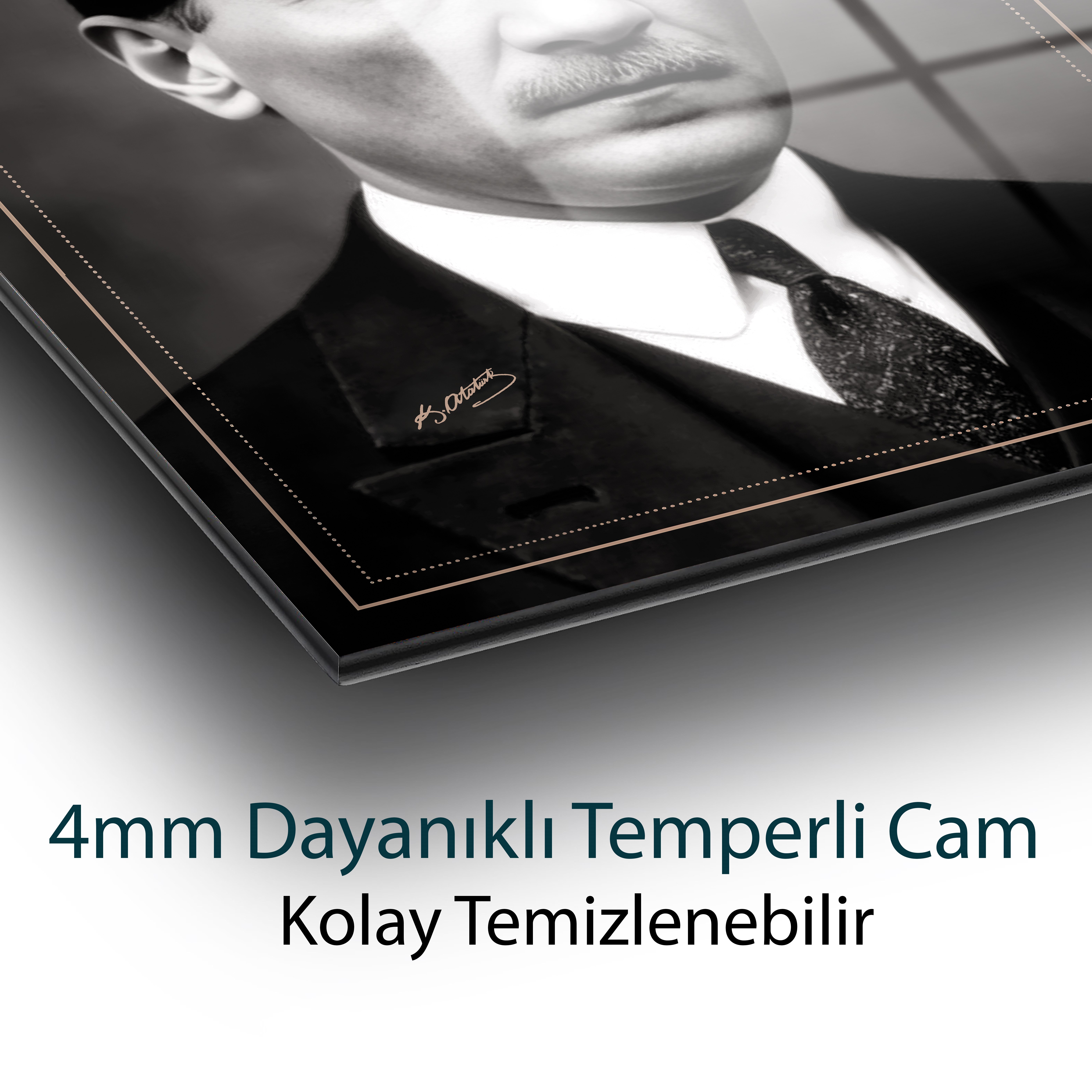 Mustafa Kemal Atatürk Siyah Beyaz Cam Tablo | Klasik Atatürk Portresi | 4 mm Temperli Cam Duvar Tablosu