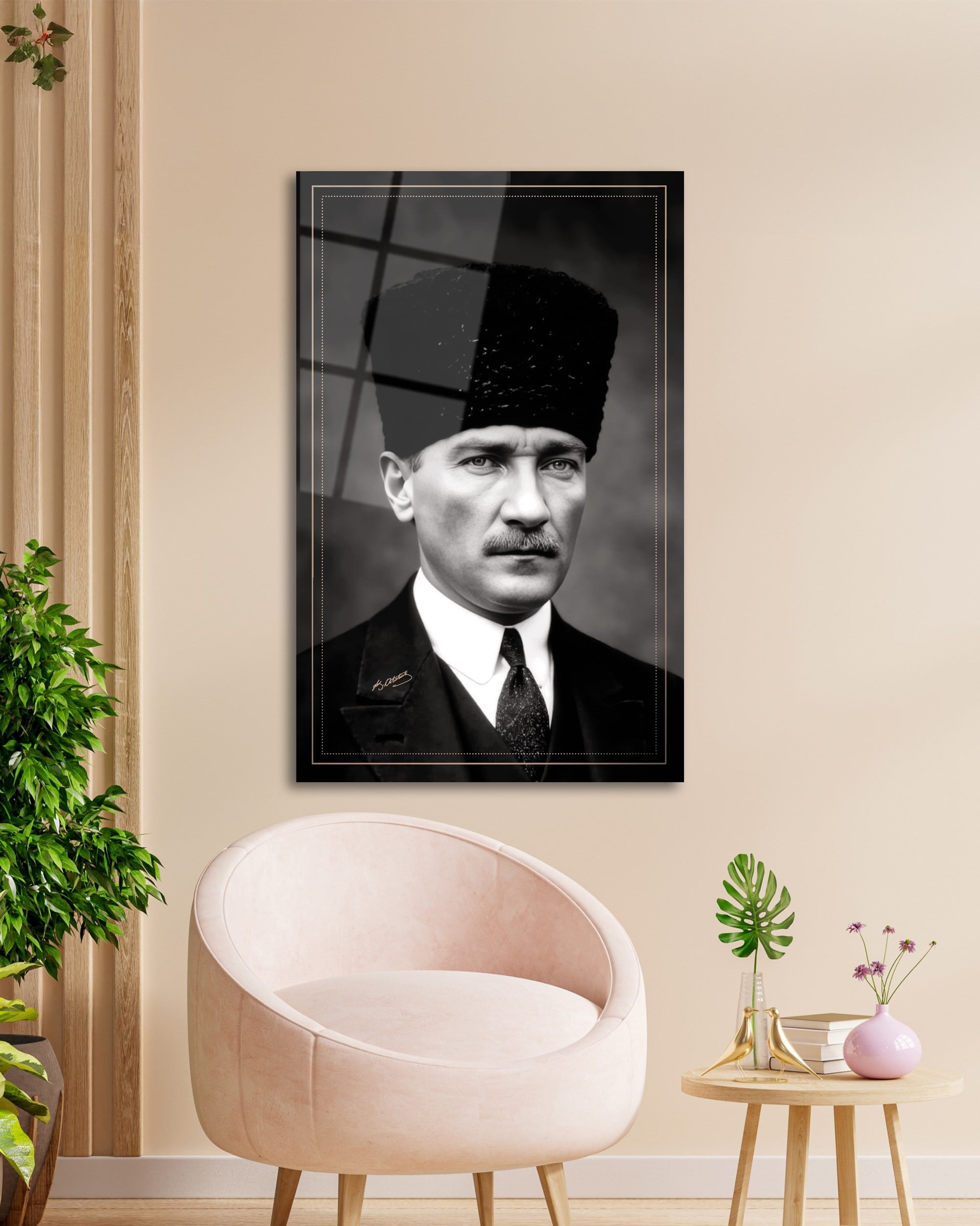 Mustafa Kemal Atatürk Siyah Beyaz Cam Tablo | Klasik Atatürk Portresi | 4 mm Temperli Cam Duvar Tablosu