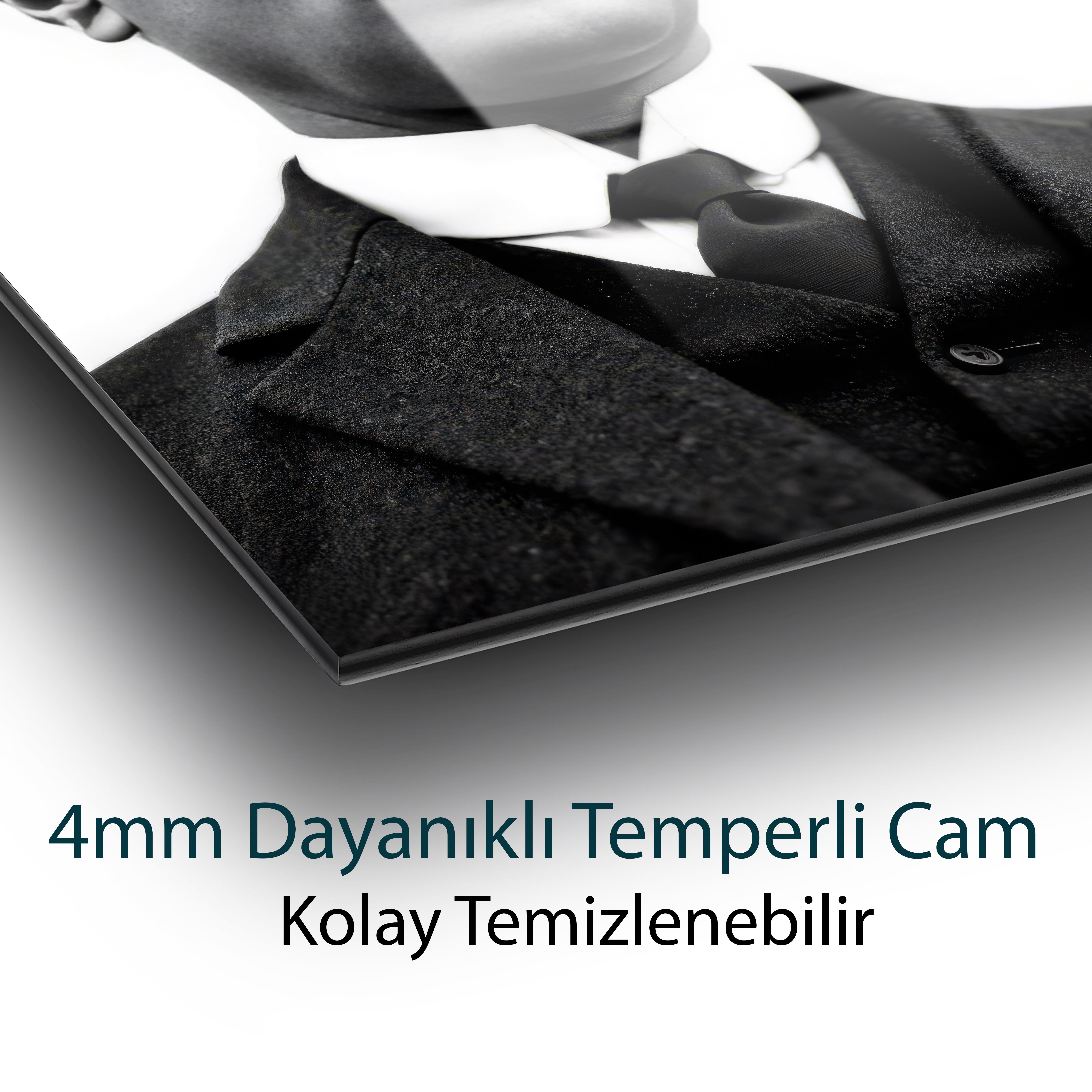 Mustafa Kemal Atatürk Siyah Beyaz Cam Tablo | Klasik Atatürk Portresi | 4 mm Temperli Cam Duvar Tablosu