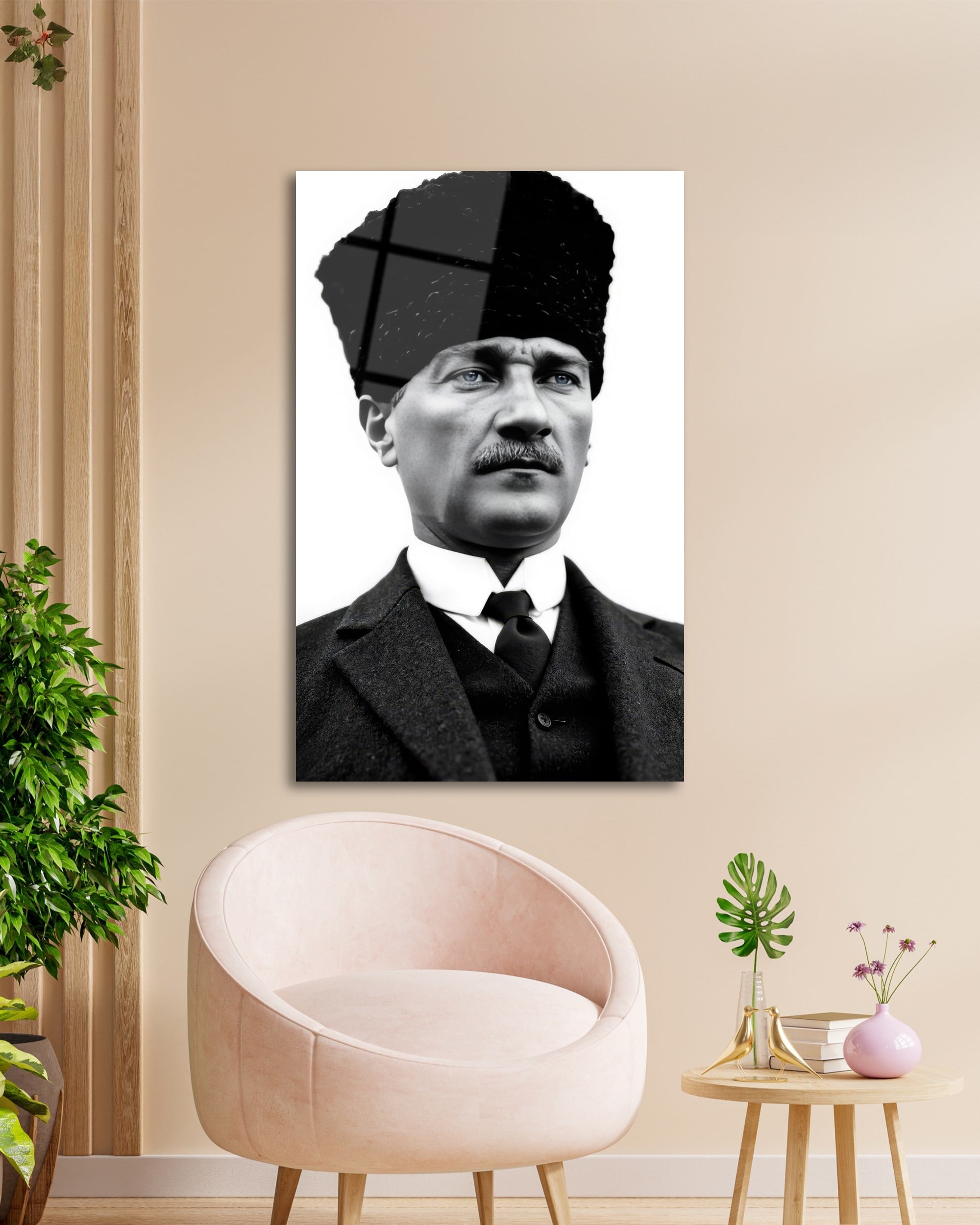 Mustafa Kemal Atatürk Siyah Beyaz Cam Tablo | Klasik Atatürk Portresi | 4 mm Temperli Cam Duvar Tablosu