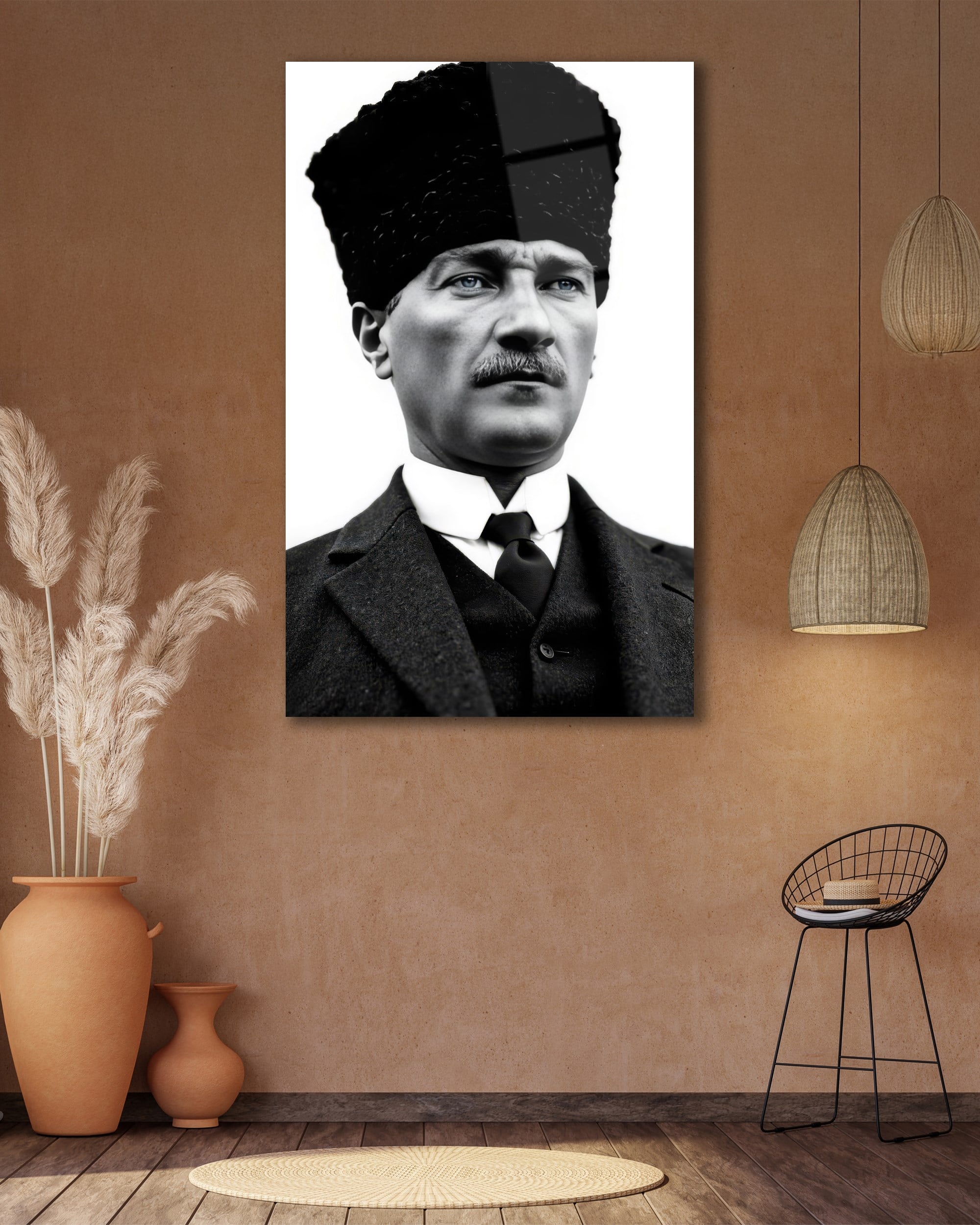 Mustafa Kemal Atatürk Siyah Beyaz Cam Tablo | Klasik Atatürk Portresi | 4 mm Temperli Cam Duvar Tablosu