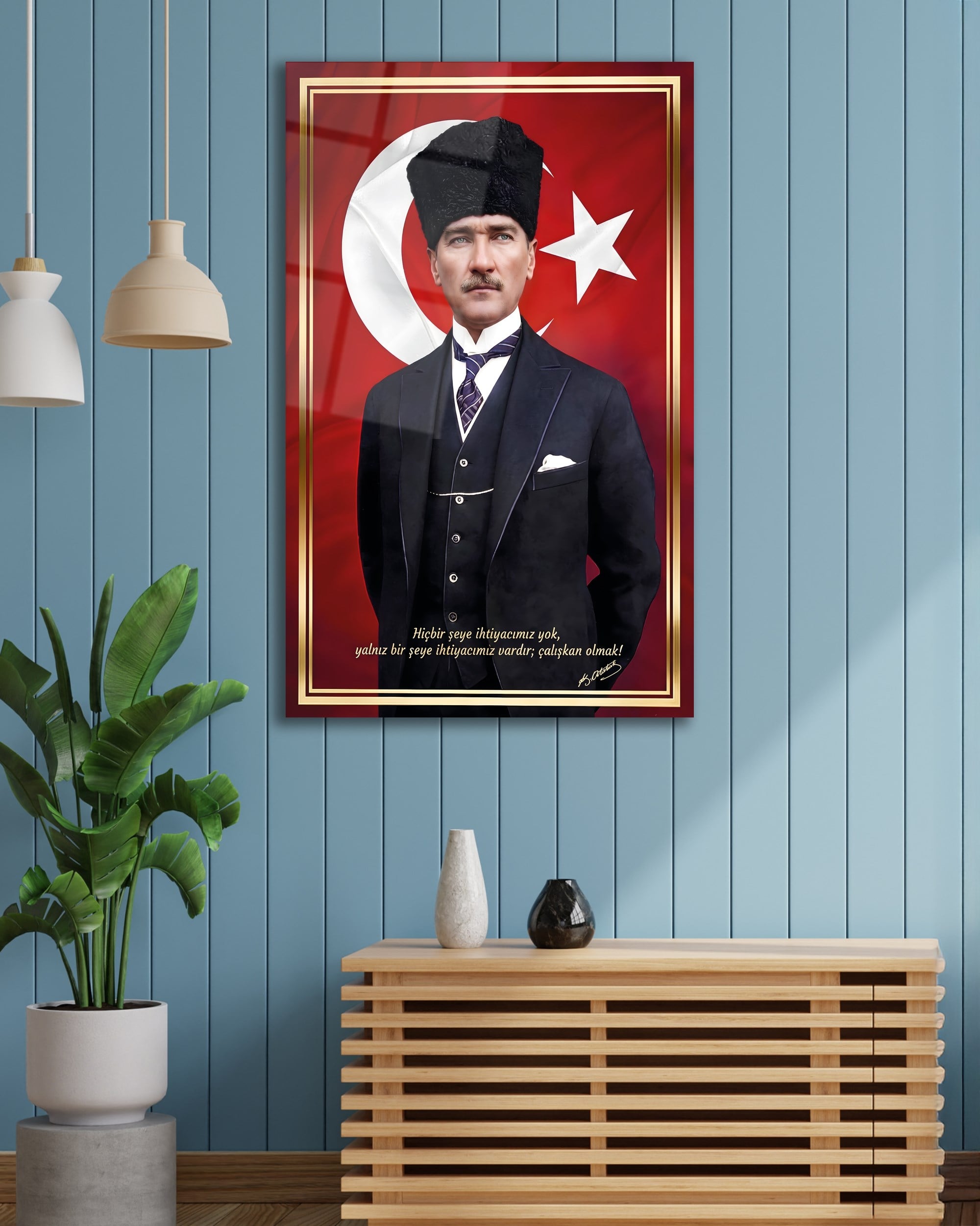 Mustafa Kemal Atatürk ve Türk Bayrağı Cam Tablo | Atatürk Sözlü Duvar Tablosu | 4 mm Temperli Cam Tablo