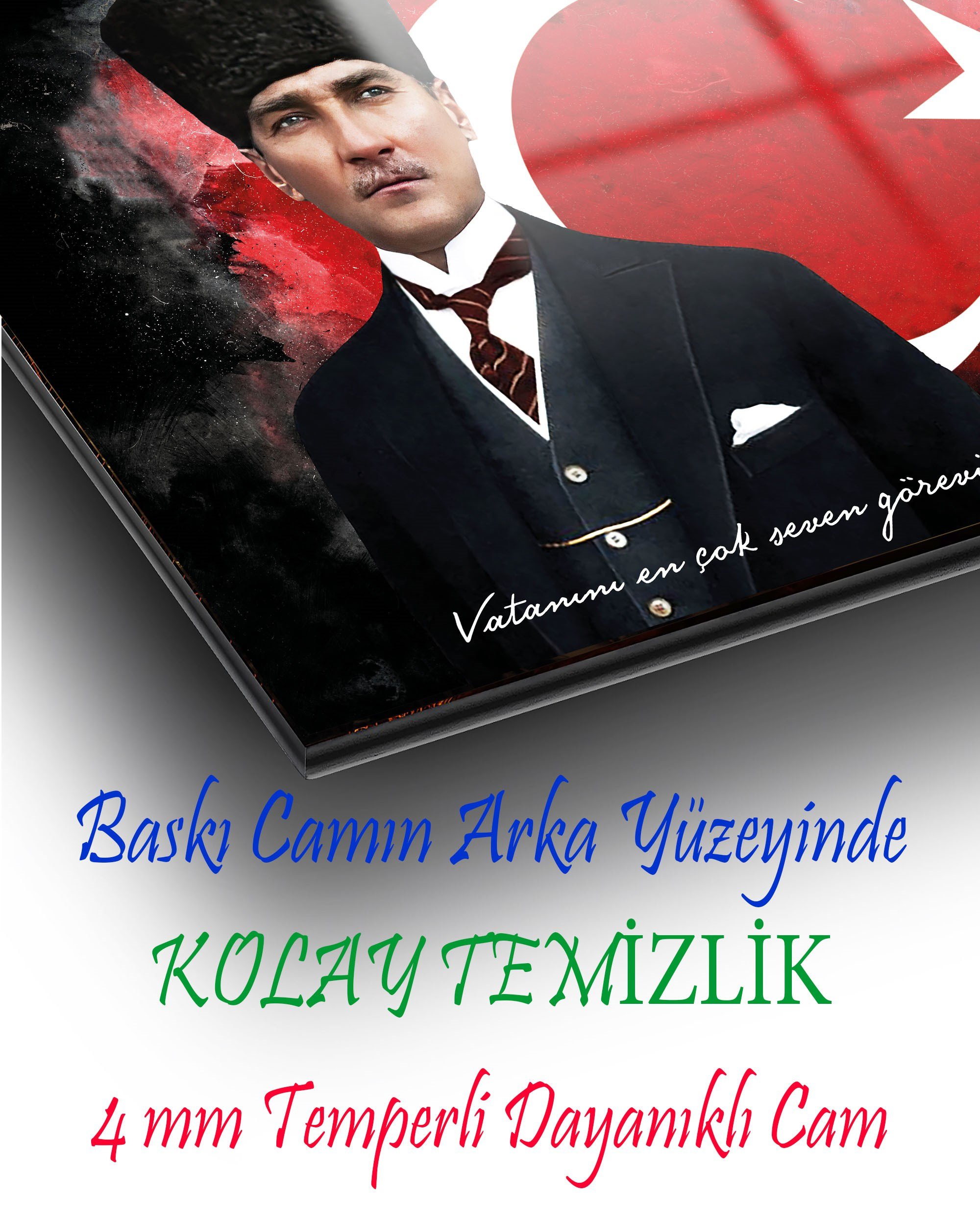 Mustafa Kemal Atatürk ve Türk Bayrağı Cam Tablo - Dekoratif Lüks Duvar Tablosu