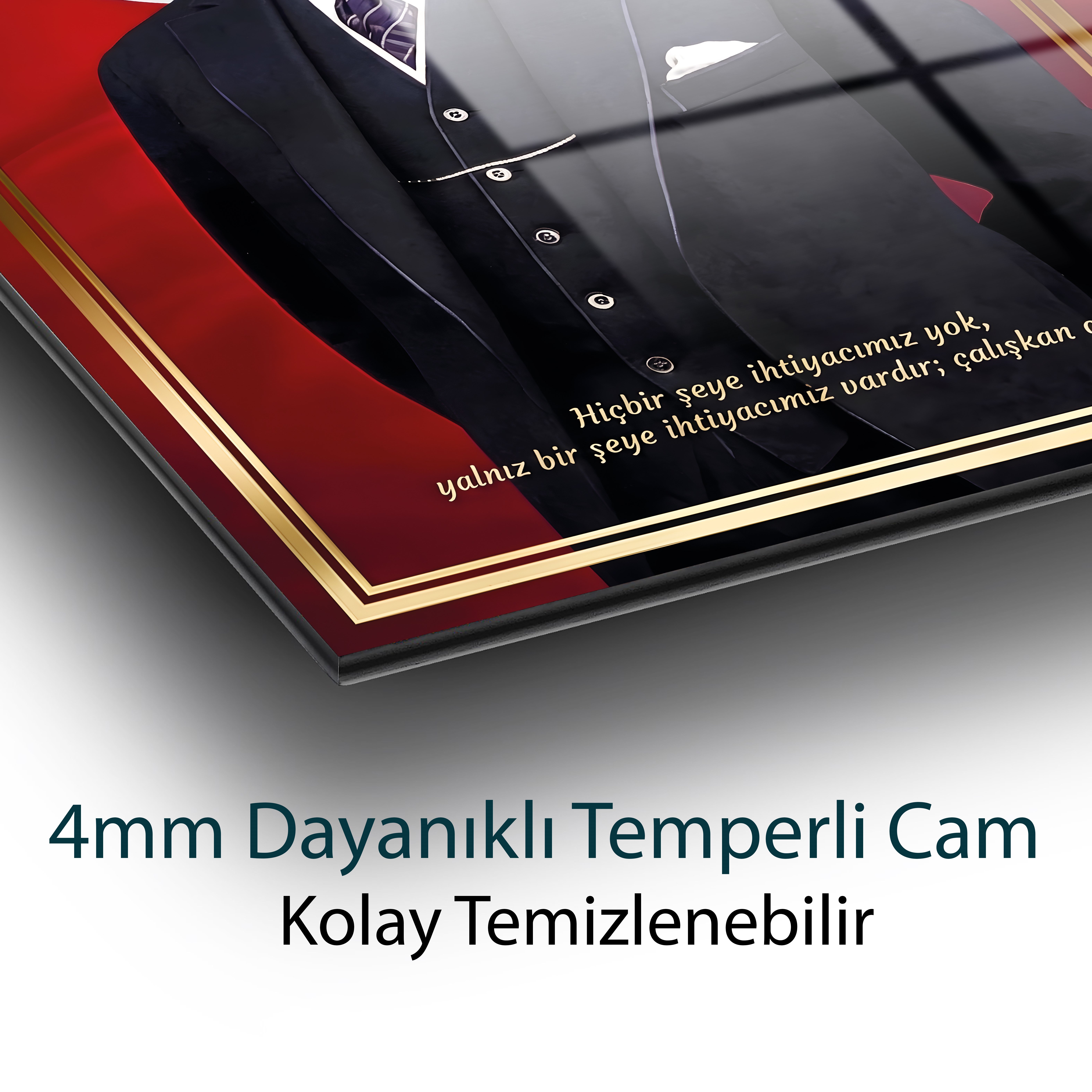 Mustafa Kemal Atatürk ve Türk Bayrağı Cam Tablo | Atatürk Sözlü Duvar Tablosu | 4 mm Temperli Cam Tablo
