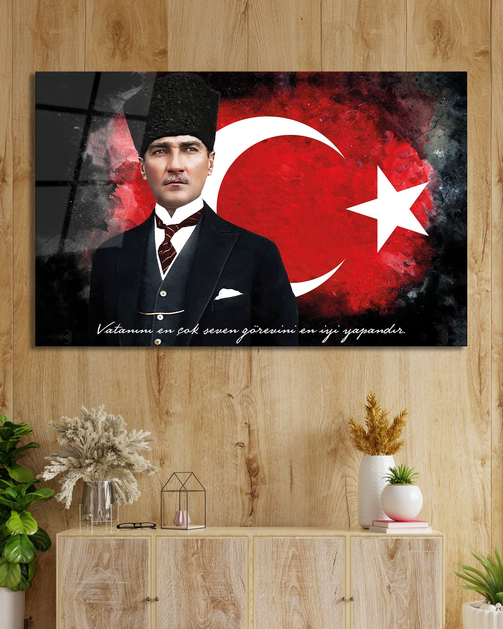 Mustafa Kemal Atatürk ve Türk Bayrağı Cam Tablo - Dekoratif Lüks Duvar Tablosu