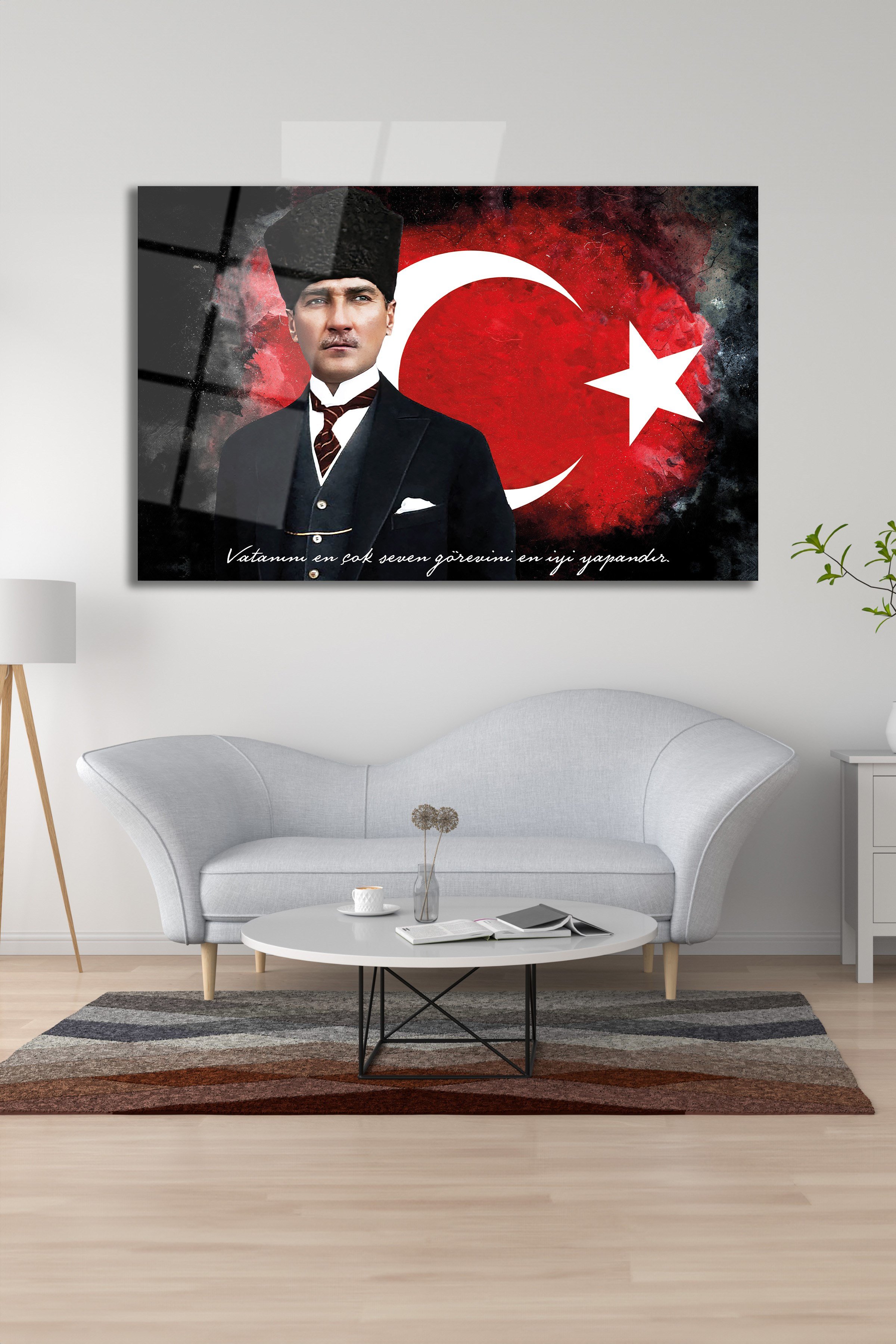 Mustafa Kemal Atatürk ve Türk Bayrağı Cam Tablo - Dekoratif Lüks Duvar Tablosu