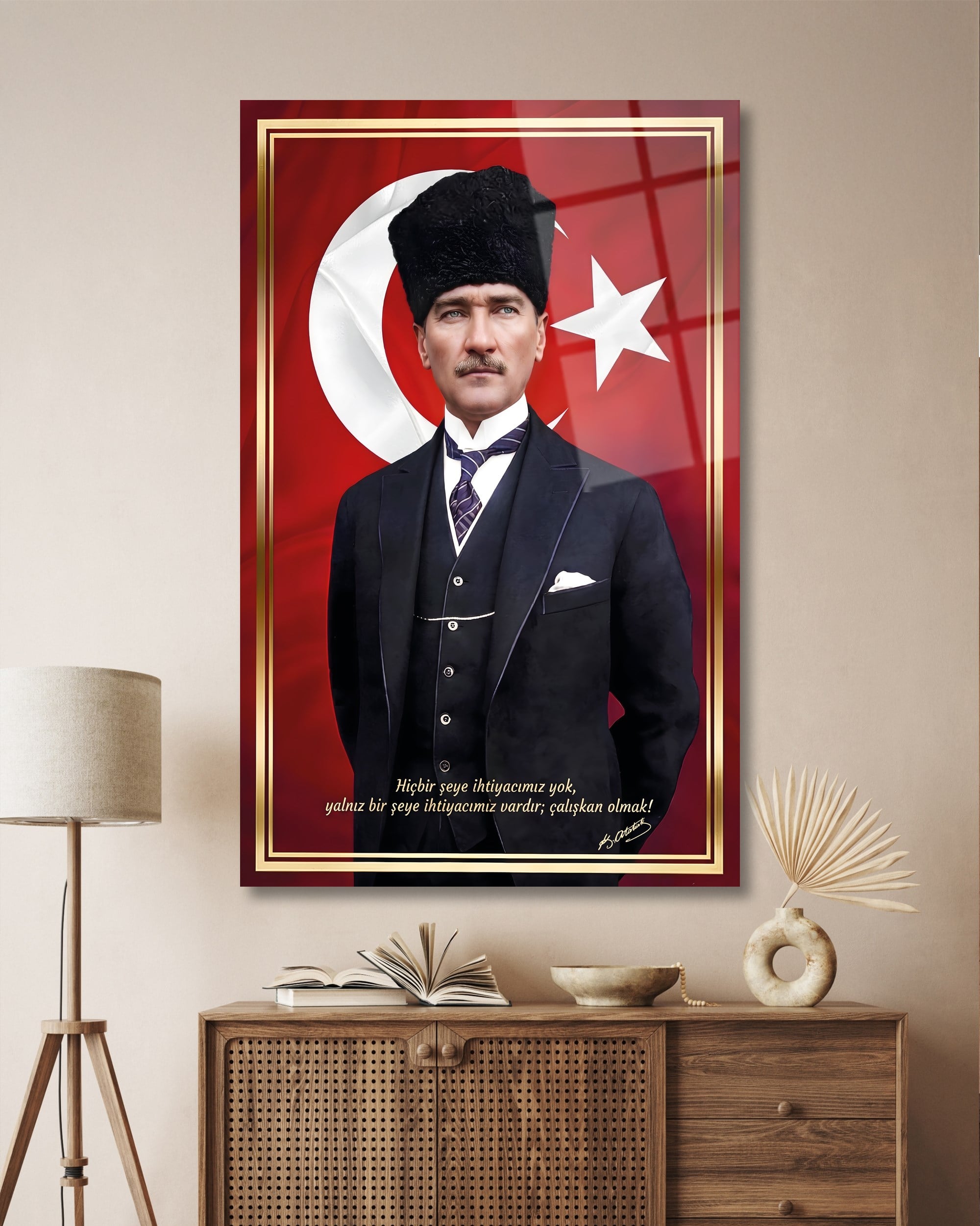 Mustafa Kemal Atatürk ve Türk Bayrağı Cam Tablo | Atatürk Sözlü Duvar Tablosu | 4 mm Temperli Cam Tablo