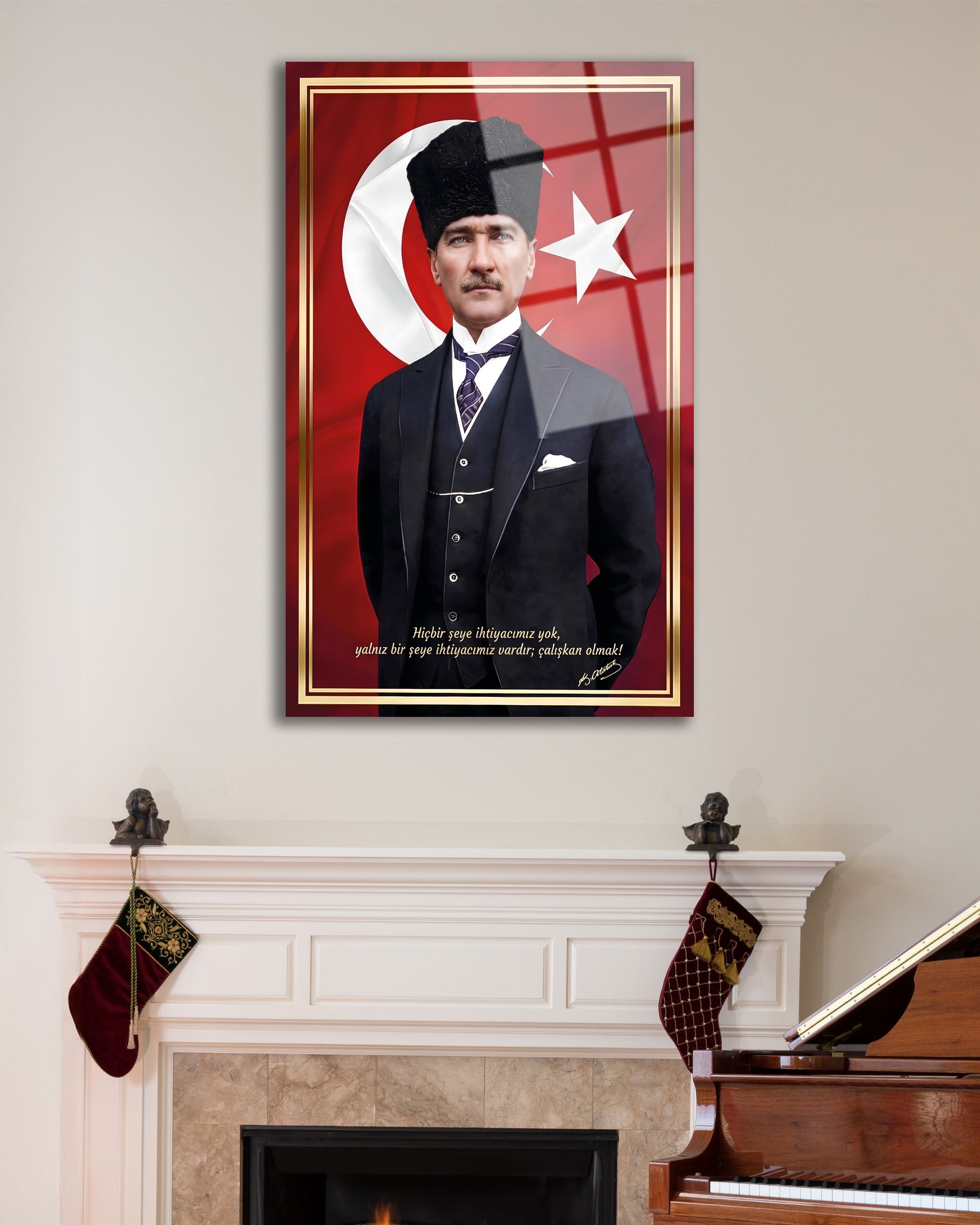 Mustafa Kemal Atatürk ve Türk Bayrağı Cam Tablo | Atatürk Sözlü Duvar Tablosu | 4 mm Temperli Cam Tablo