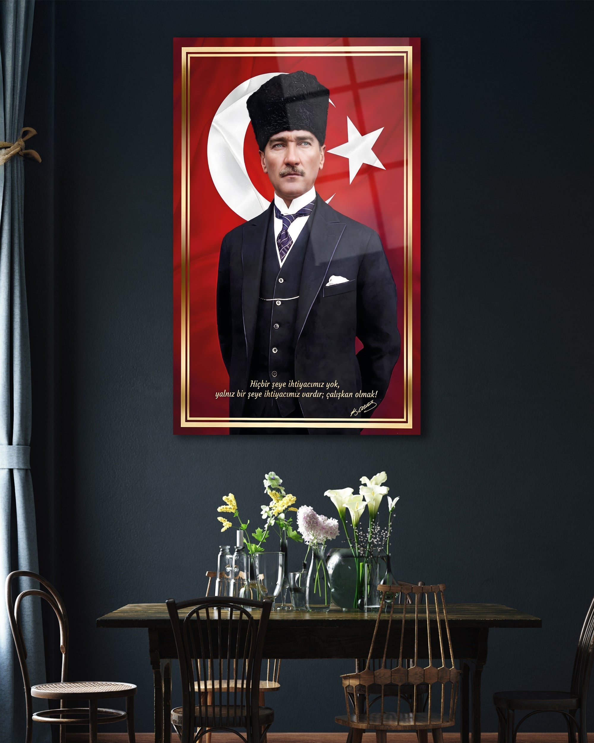 Mustafa Kemal Atatürk ve Türk Bayrağı Cam Tablo | Atatürk Sözlü Duvar Tablosu | 4 mm Temperli Cam Tablo
