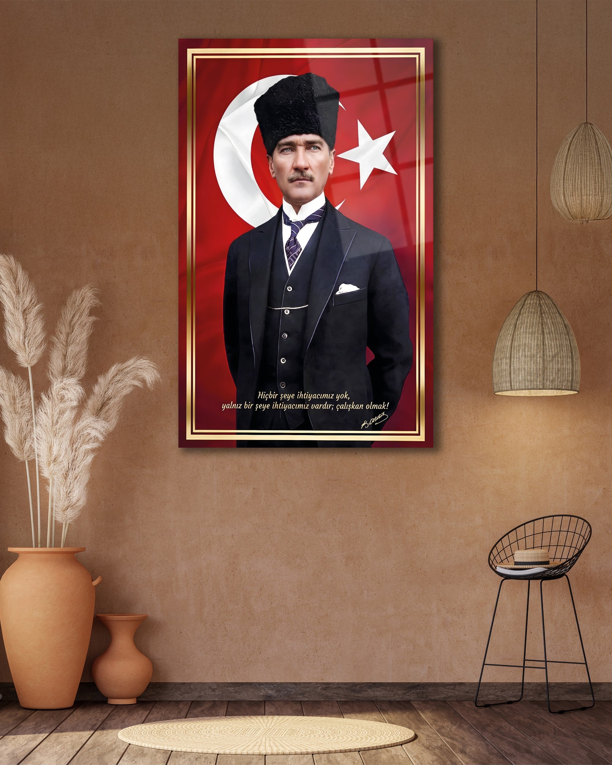 Mustafa Kemal Atatürk ve Türk Bayrağı Cam Tablo | Atatürk Sözlü Duvar Tablosu | 4 mm Temperli Cam Tablo