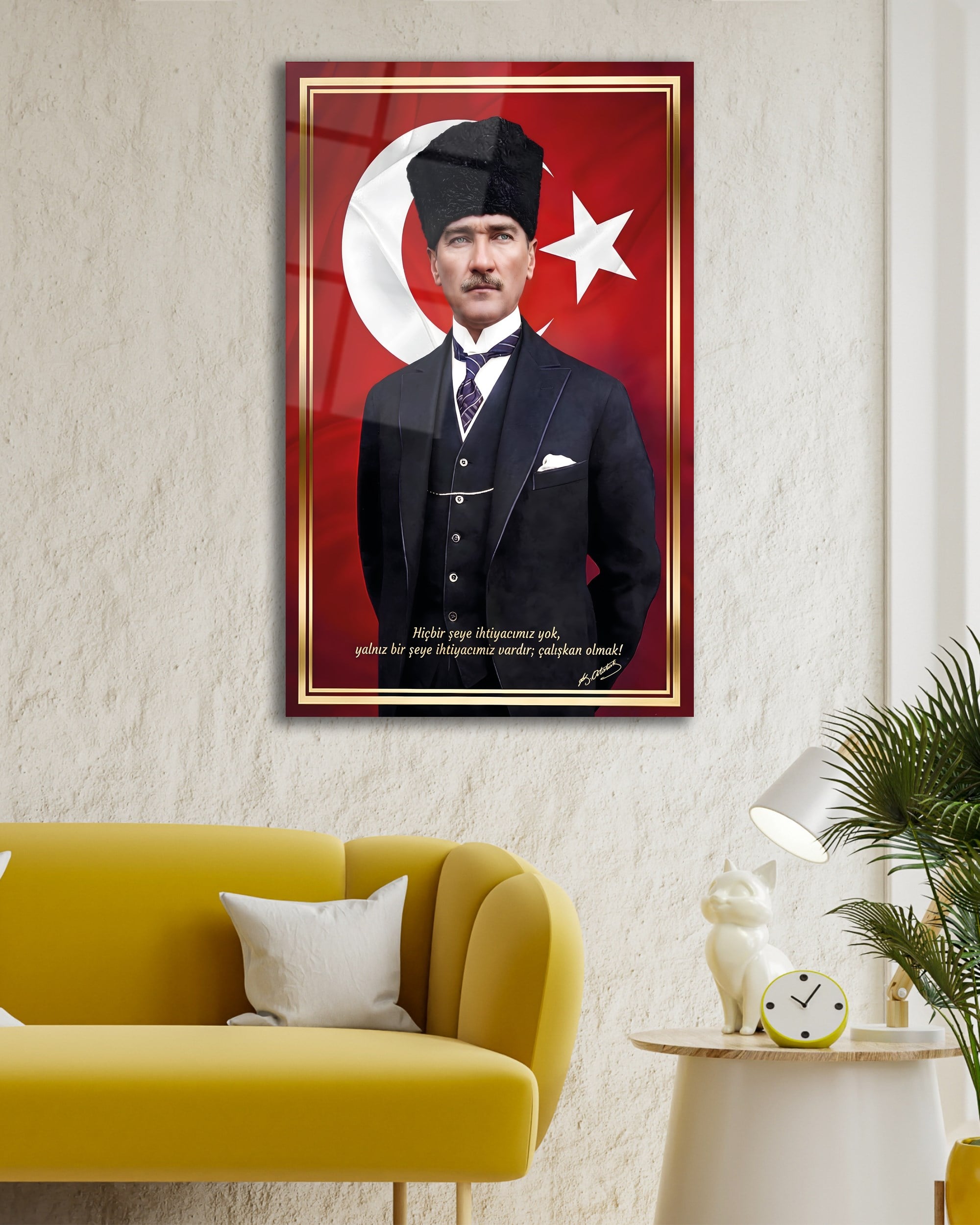 Mustafa Kemal Atatürk ve Türk Bayrağı Cam Tablo | Atatürk Sözlü Duvar Tablosu | 4 mm Temperli Cam Tablo