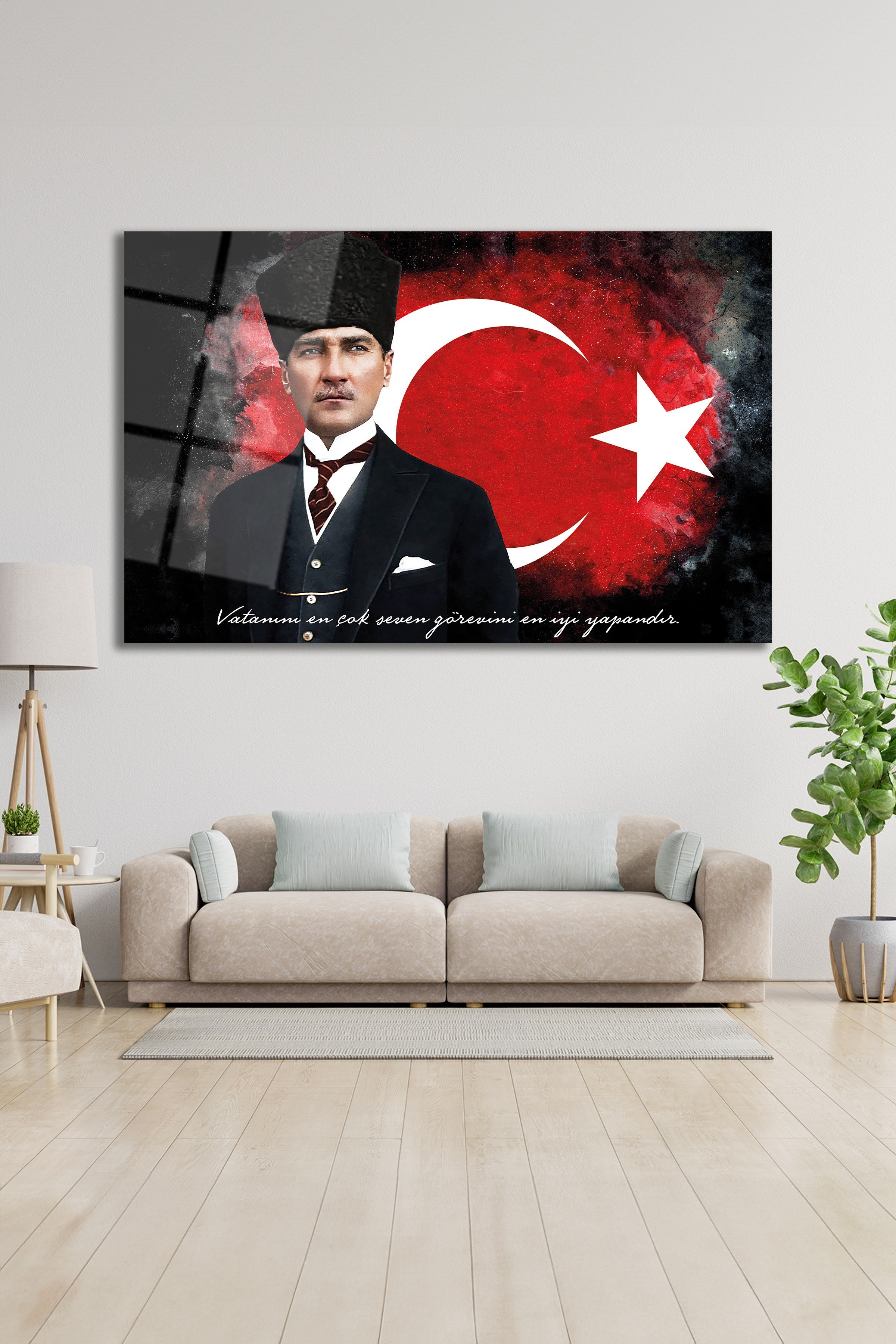Mustafa Kemal Atatürk ve Türk Bayrağı Cam Tablo - Dekoratif Lüks Duvar Tablosu