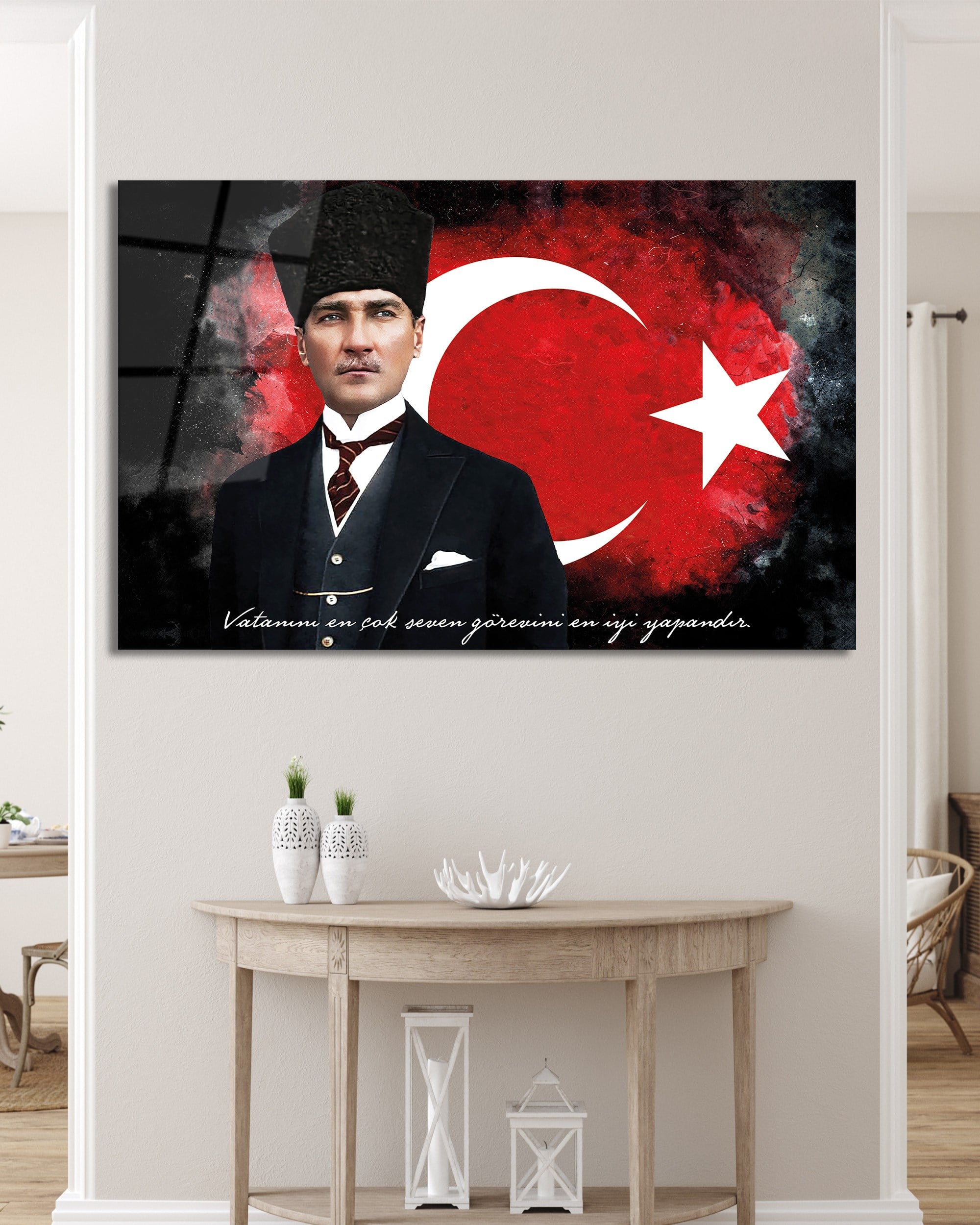 Mustafa Kemal Atatürk ve Türk Bayrağı Cam Tablo - Dekoratif Lüks Duvar Tablosu