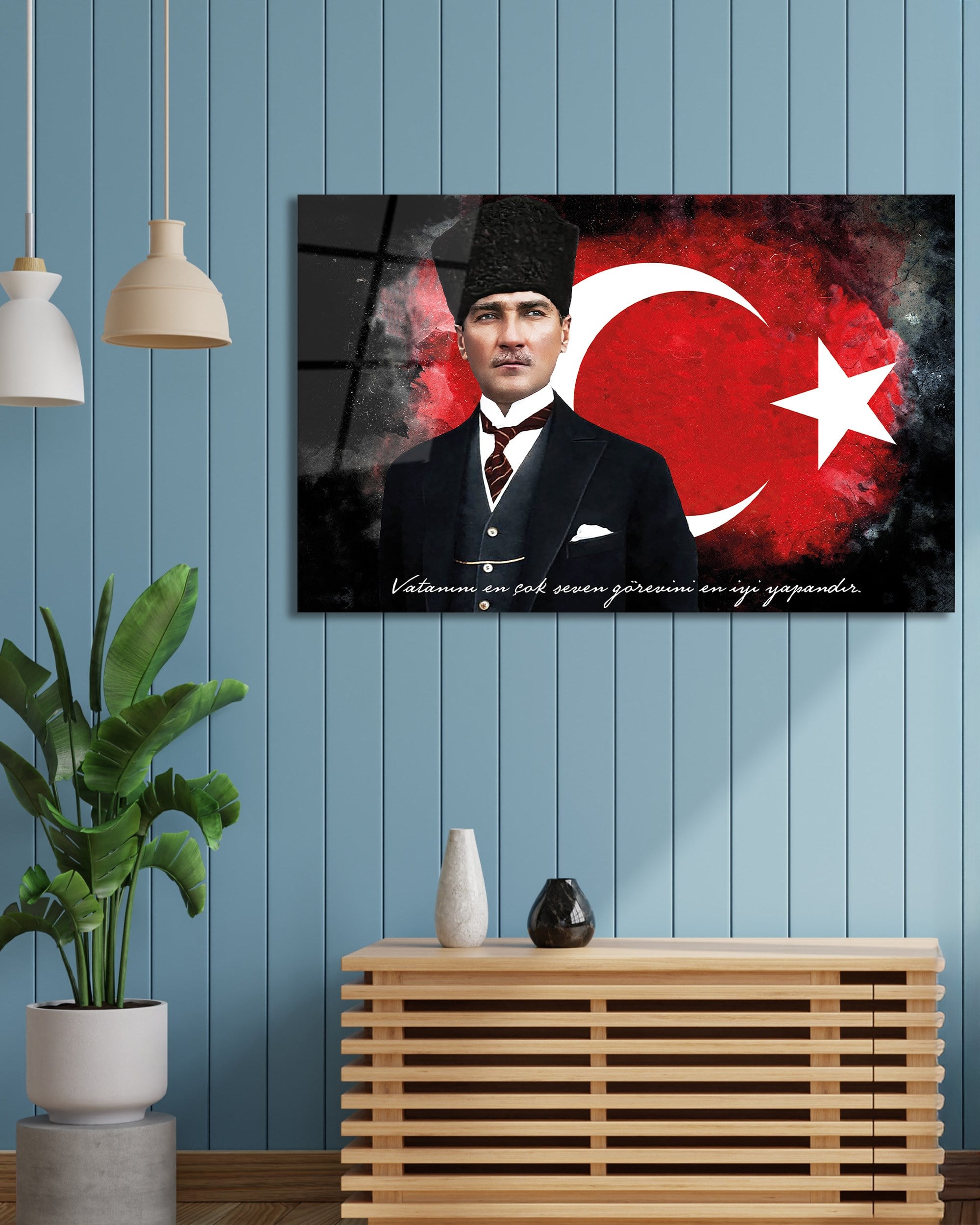 Mustafa Kemal Atatürk ve Türk Bayrağı Cam Tablo - Dekoratif Lüks Duvar Tablosu