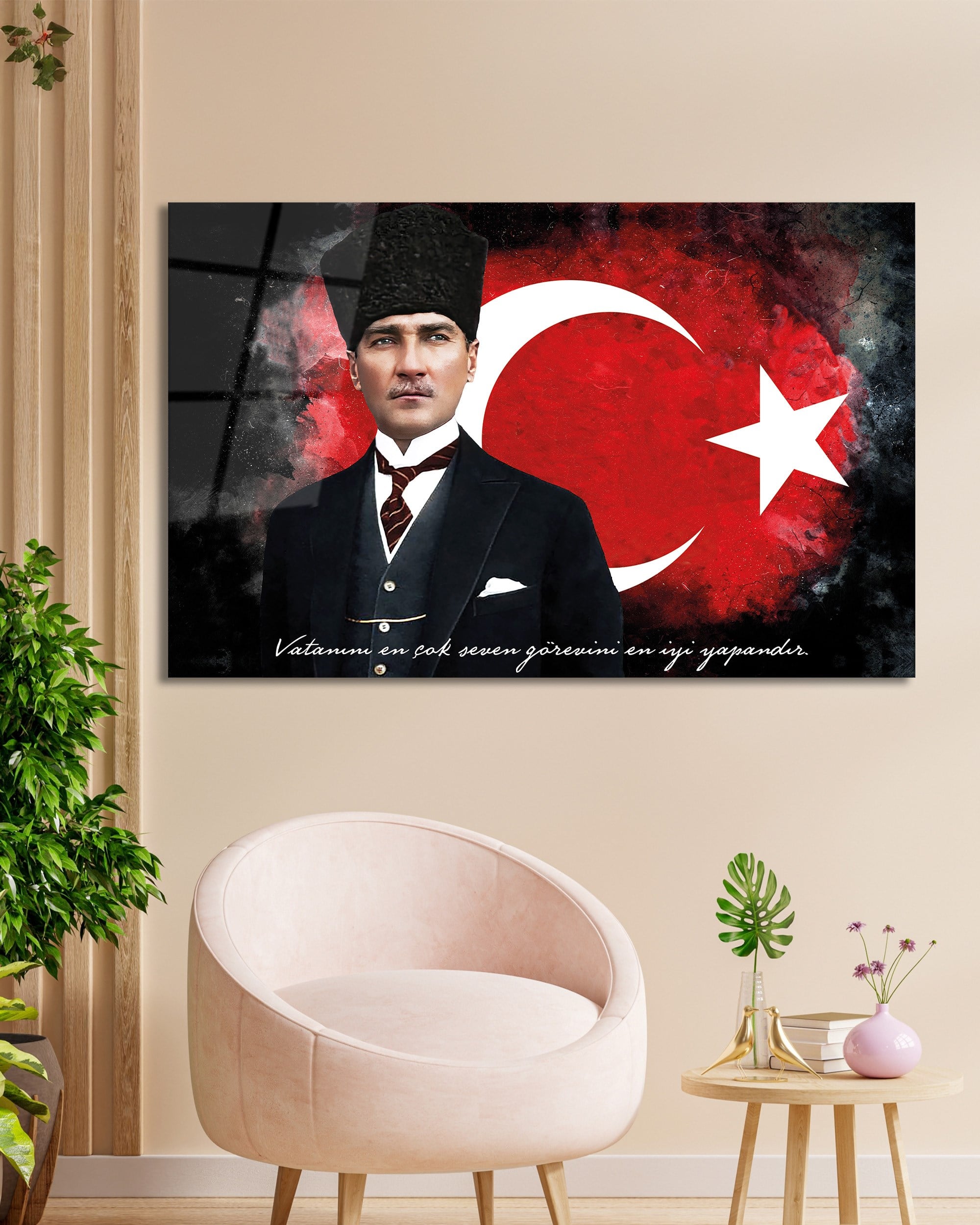 Mustafa Kemal Atatürk ve Türk Bayrağı Cam Tablo - Dekoratif Lüks Duvar Tablosu