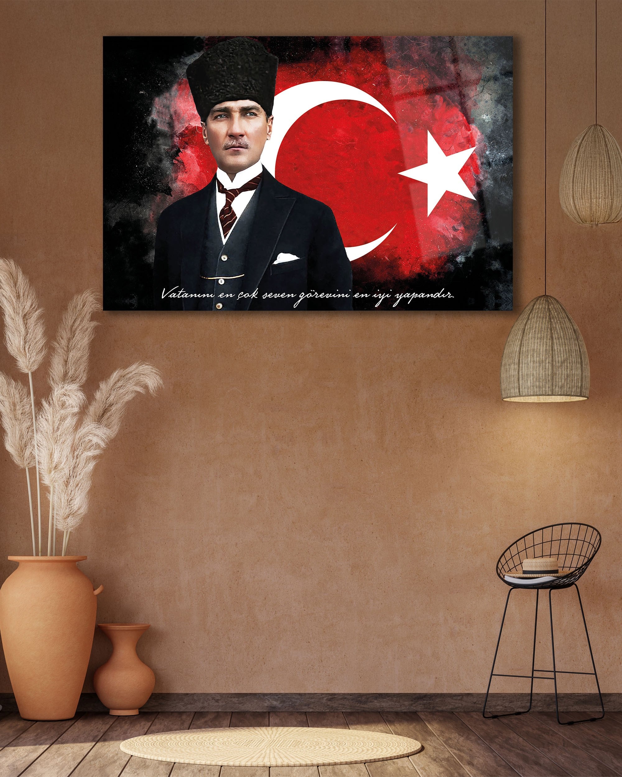 Mustafa Kemal Atatürk ve Türk Bayrağı Cam Tablo - Dekoratif Lüks Duvar Tablosu