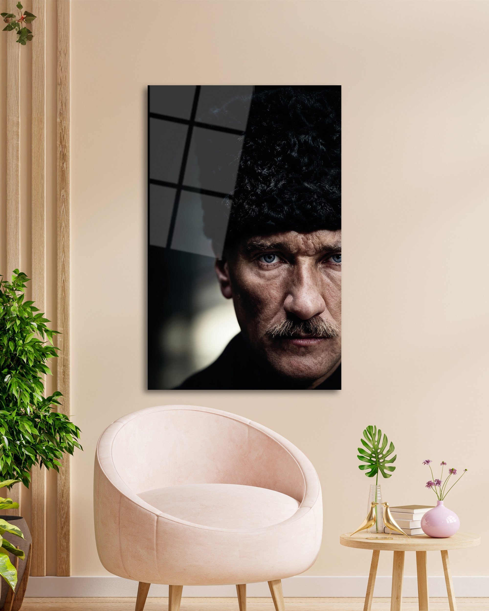 Mustafa Kemal Atatürk Yakın Plan Cam Tablo | Premium Atatürk Portresi | 4 mm Temperli Cam Duvar Tablosu