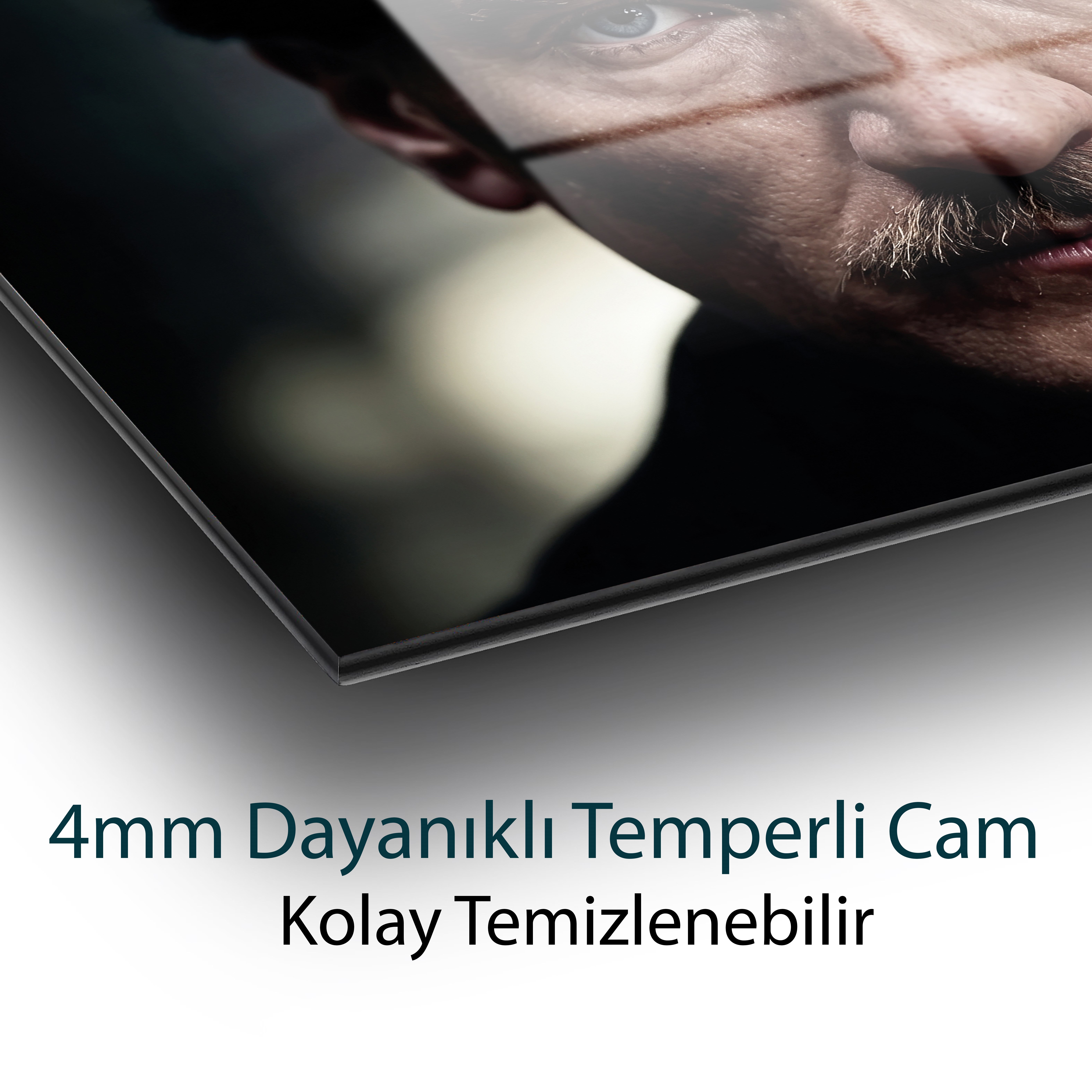 Mustafa Kemal Atatürk Yakın Plan Cam Tablo | Premium Atatürk Portresi | 4 mm Temperli Cam Duvar Tablosu
