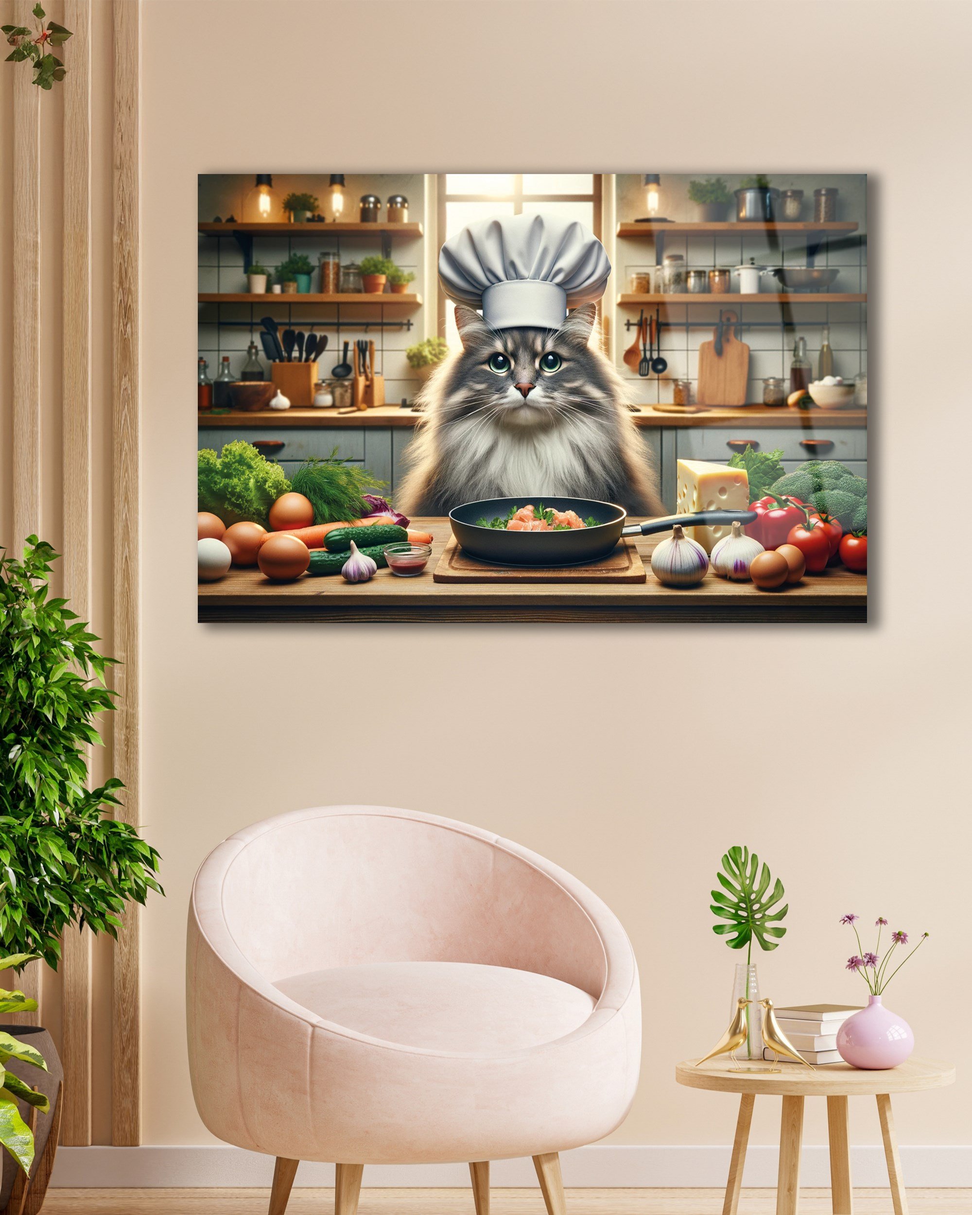 Mutfakta Usta Şef Kedi'nin Ziyafeti Cam Tablo Yapay Zeka Hediyelik Büyük Tablo Ev Ofis Dekoru