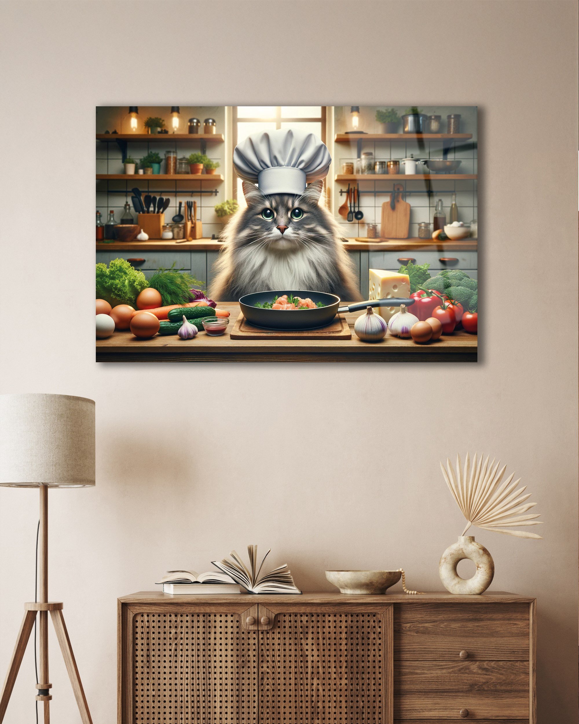 Mutfakta Usta Şef Kedi'nin Ziyafeti Cam Tablo Yapay Zeka Hediyelik Büyük Tablo Ev Ofis Dekoru