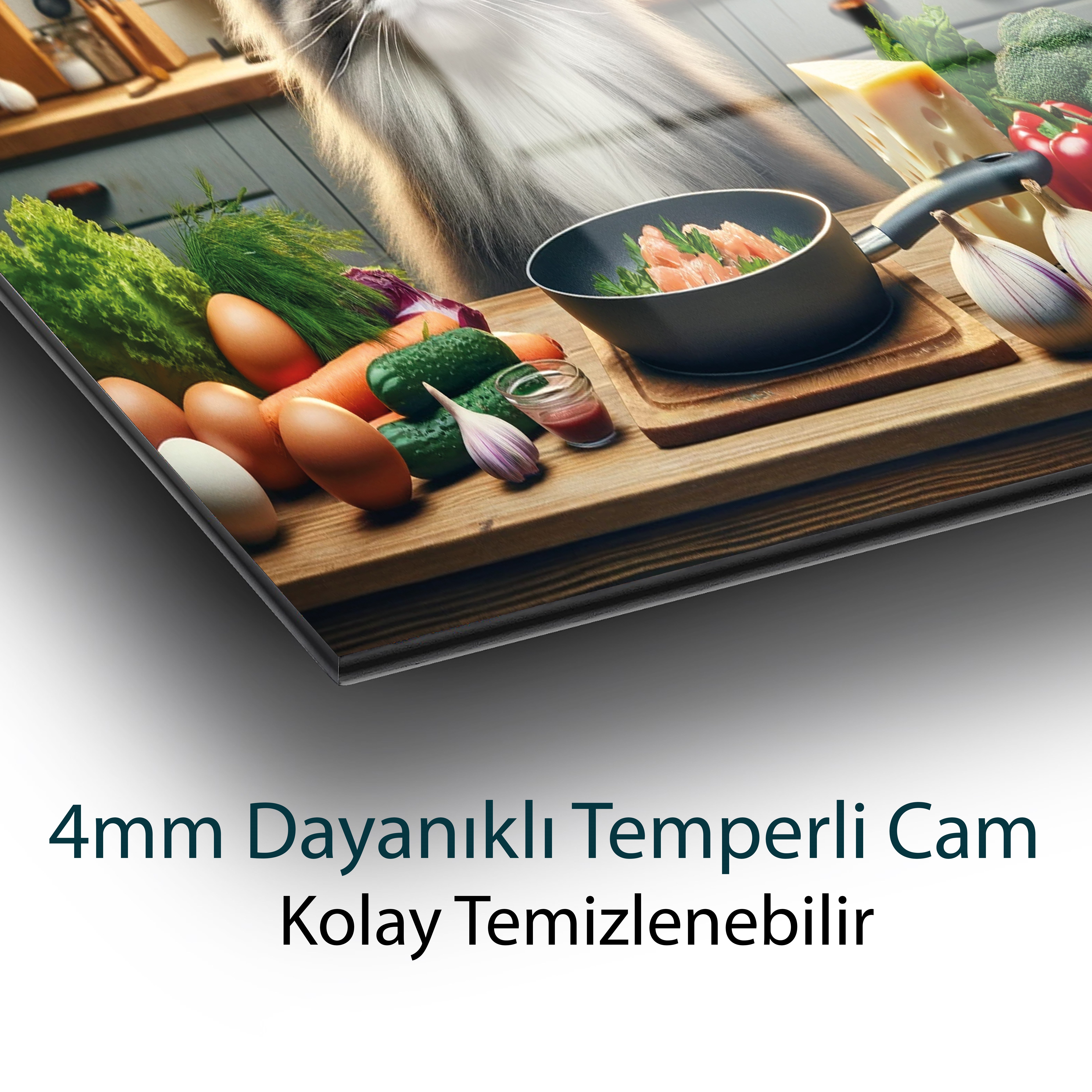 Mutfakta Usta Şef Kedi'nin Ziyafeti Cam Tablo Yapay Zeka Hediyelik Büyük Tablo Ev Ofis Dekoru