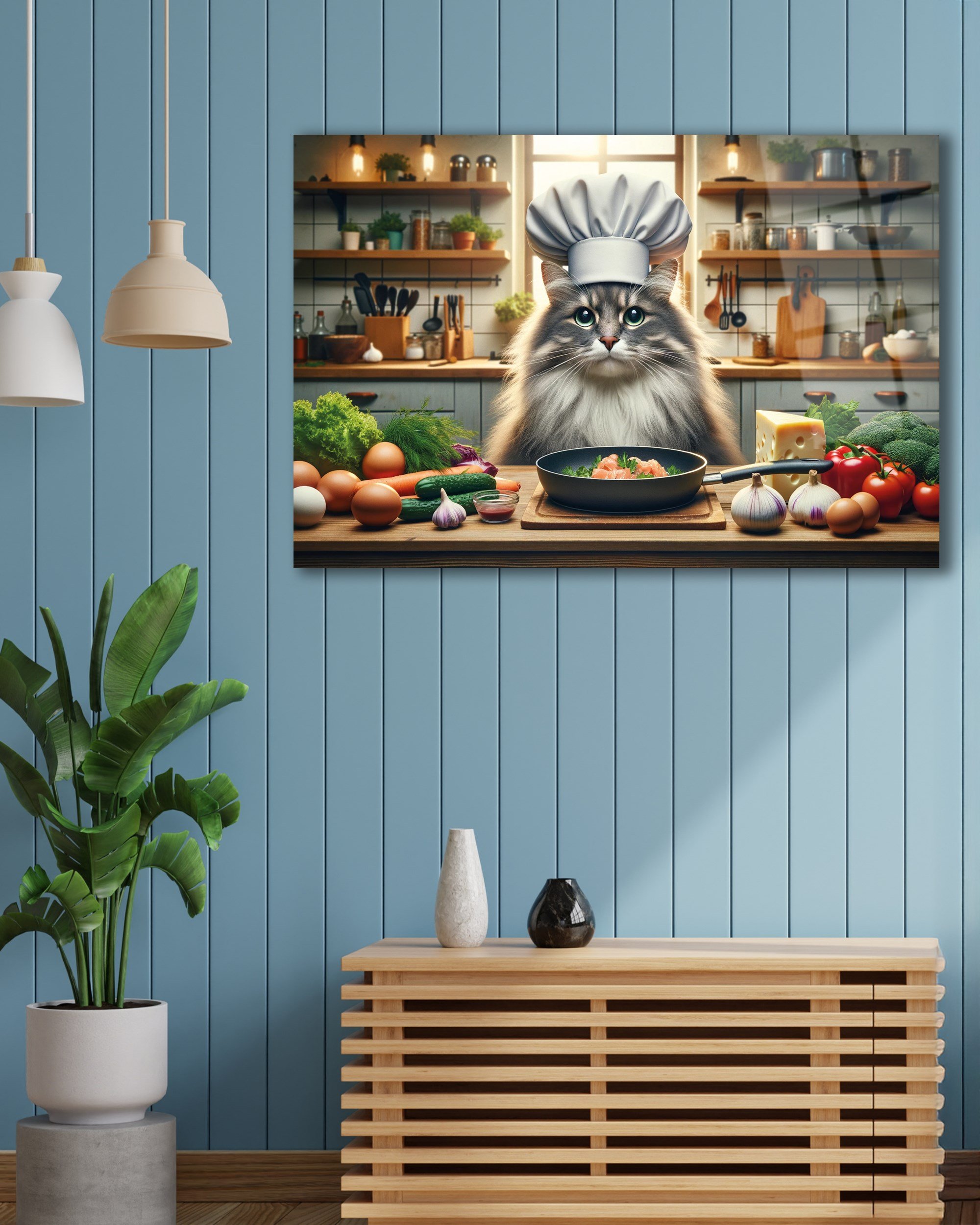 Mutfakta Usta Şef Kedi'nin Ziyafeti Cam Tablo Yapay Zeka Hediyelik Büyük Tablo Ev Ofis Dekoru