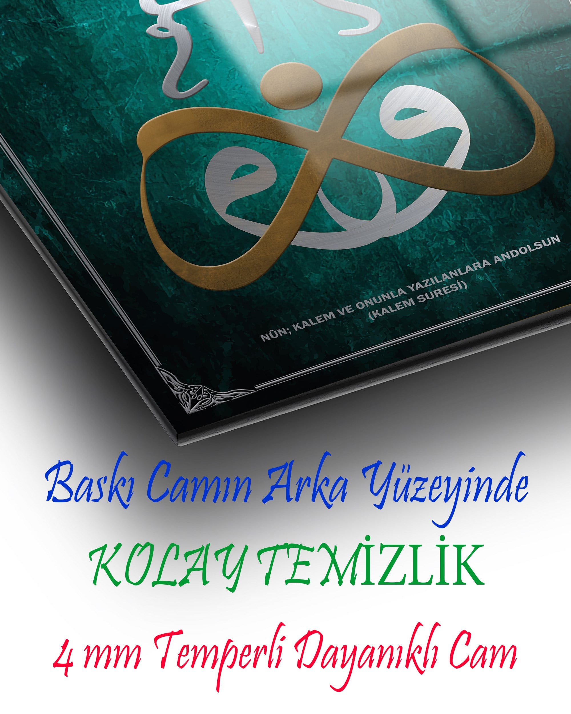 Nûn ve Kalem Suresi Cam Tablo Dekoratif | Altın Gümüş Hat Sanatı Temperli Cam Duvar Tablosu