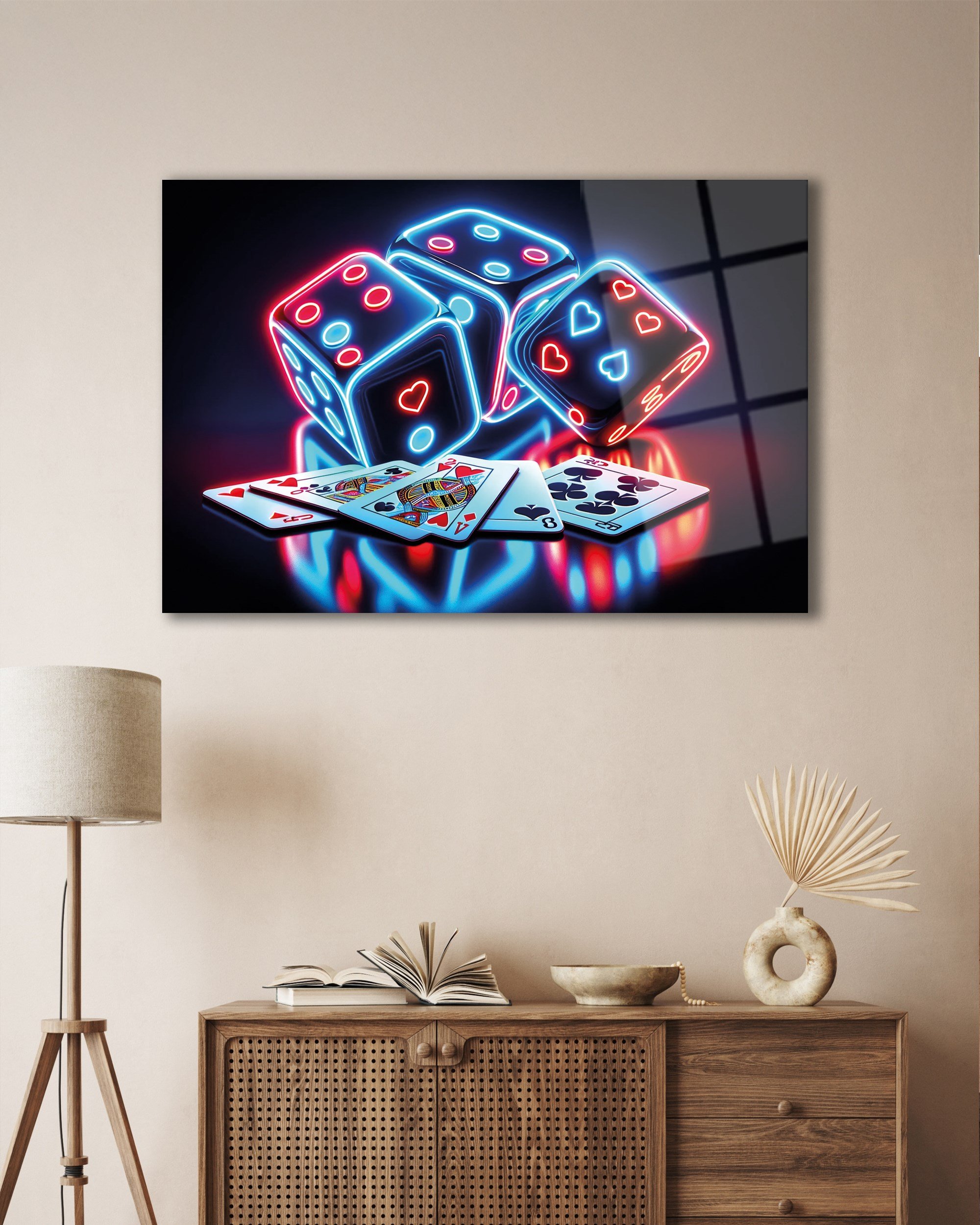 Neon Zar Cam Tablo | Casino Temalı Modern Temperli Cam Duvar Tablosu | 4 mm Dekoratif Cam Tablo