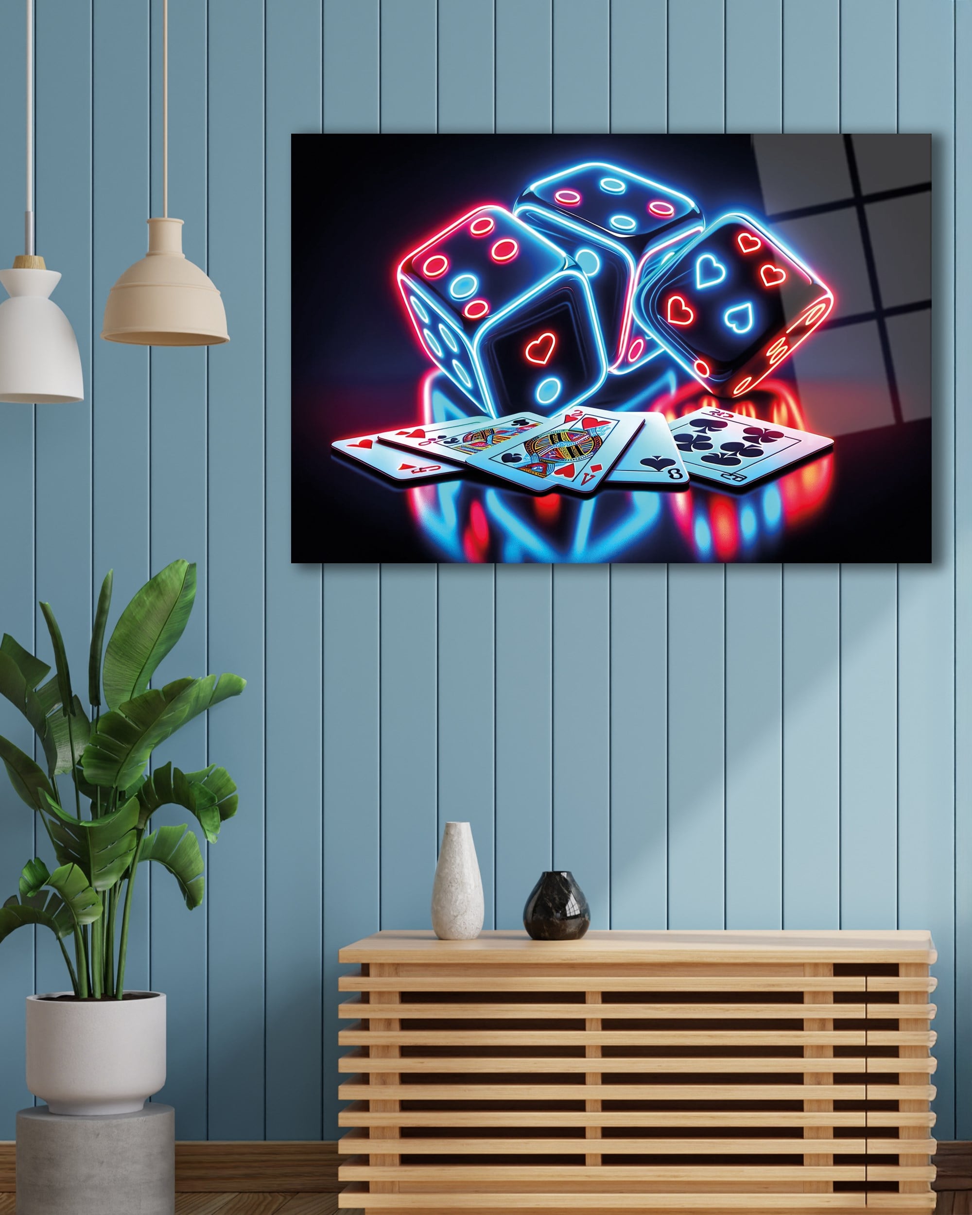 Neon Zar Cam Tablo | Casino Temalı Modern Temperli Cam Duvar Tablosu | 4 mm Dekoratif Cam Tablo