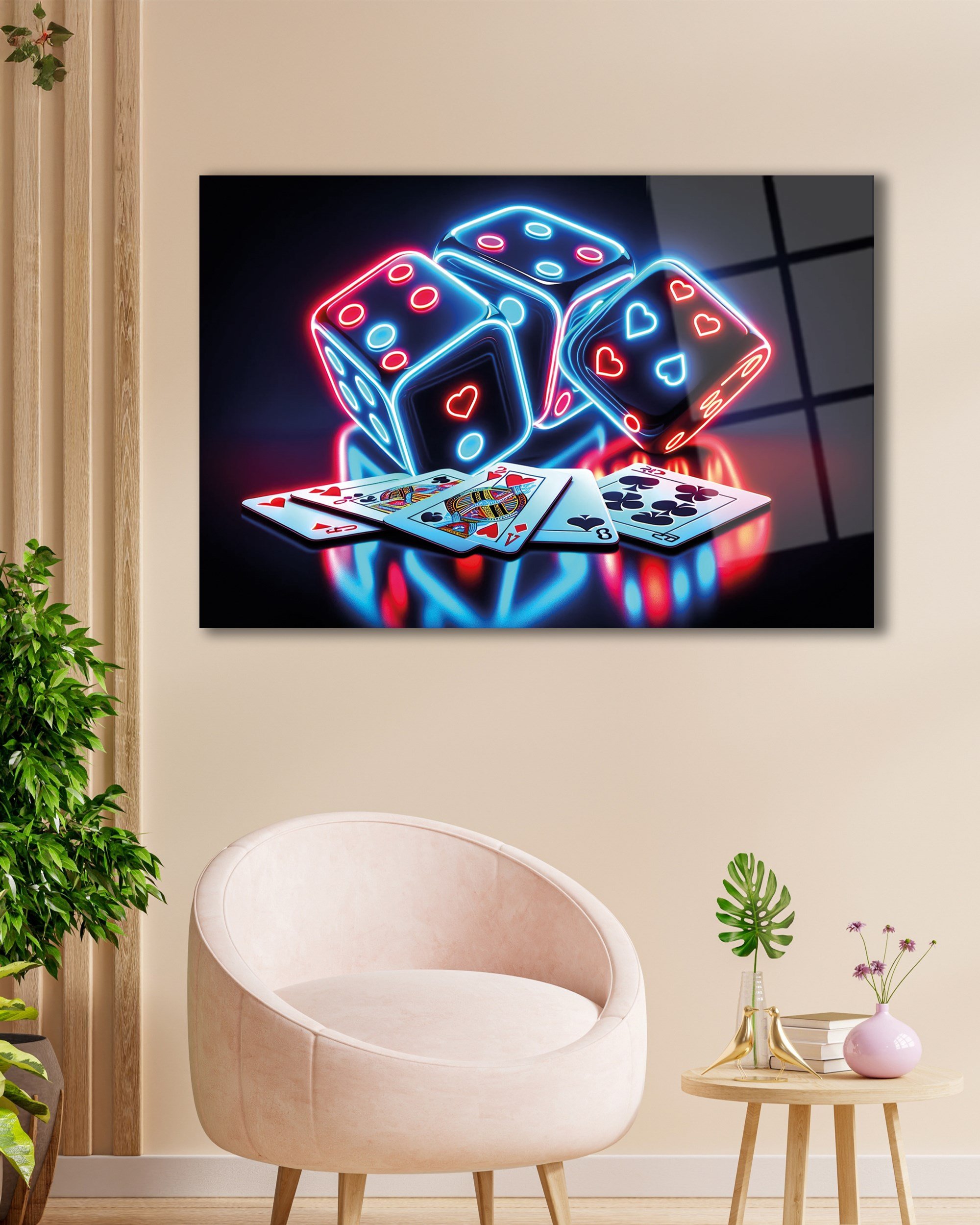 Neon Zar Cam Tablo | Casino Temalı Modern Temperli Cam Duvar Tablosu | 4 mm Dekoratif Cam Tablo
