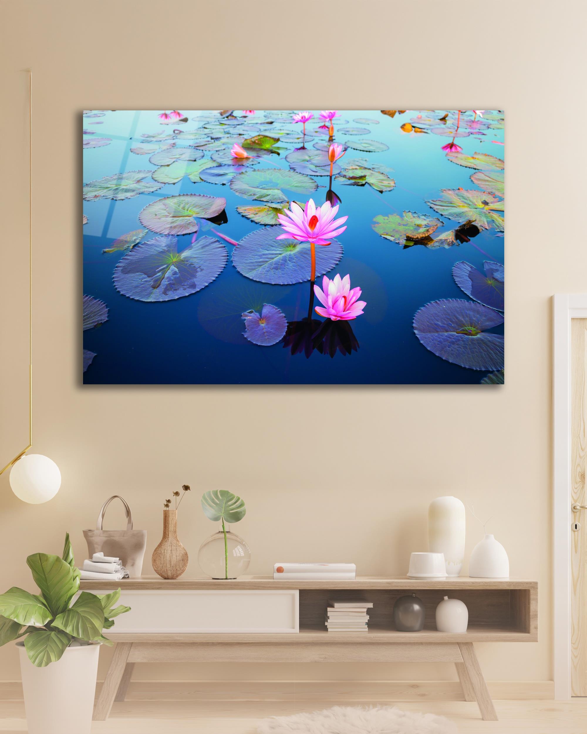 Nilifer Çiçek Cam Tablo Modern Ev Ofis Salon Hediyelik Büyük Tablo Duvar Dekoru 