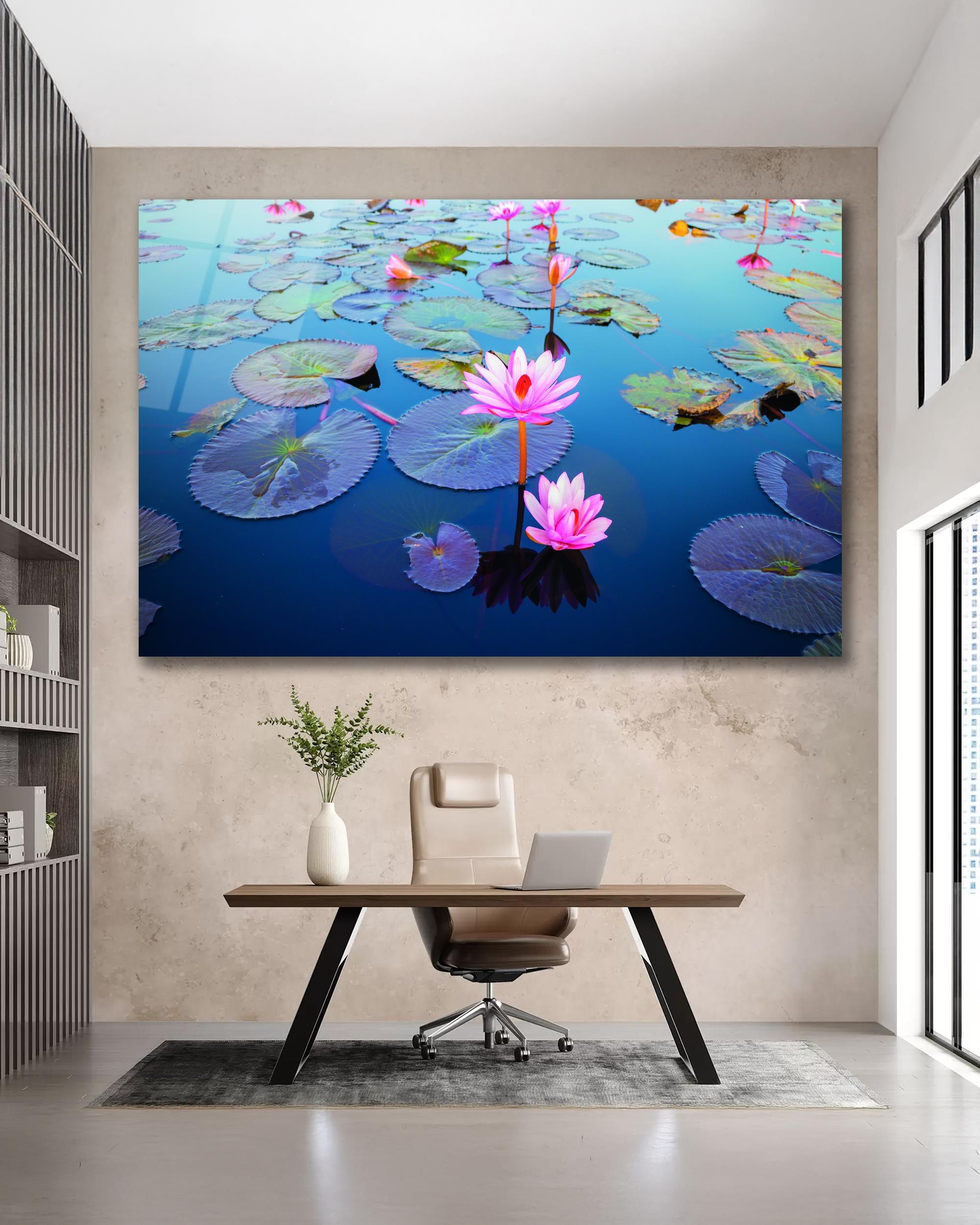 Nilifer Çiçek Cam Tablo Modern Ev Ofis Salon Hediyelik Büyük Tablo Duvar Dekoru 