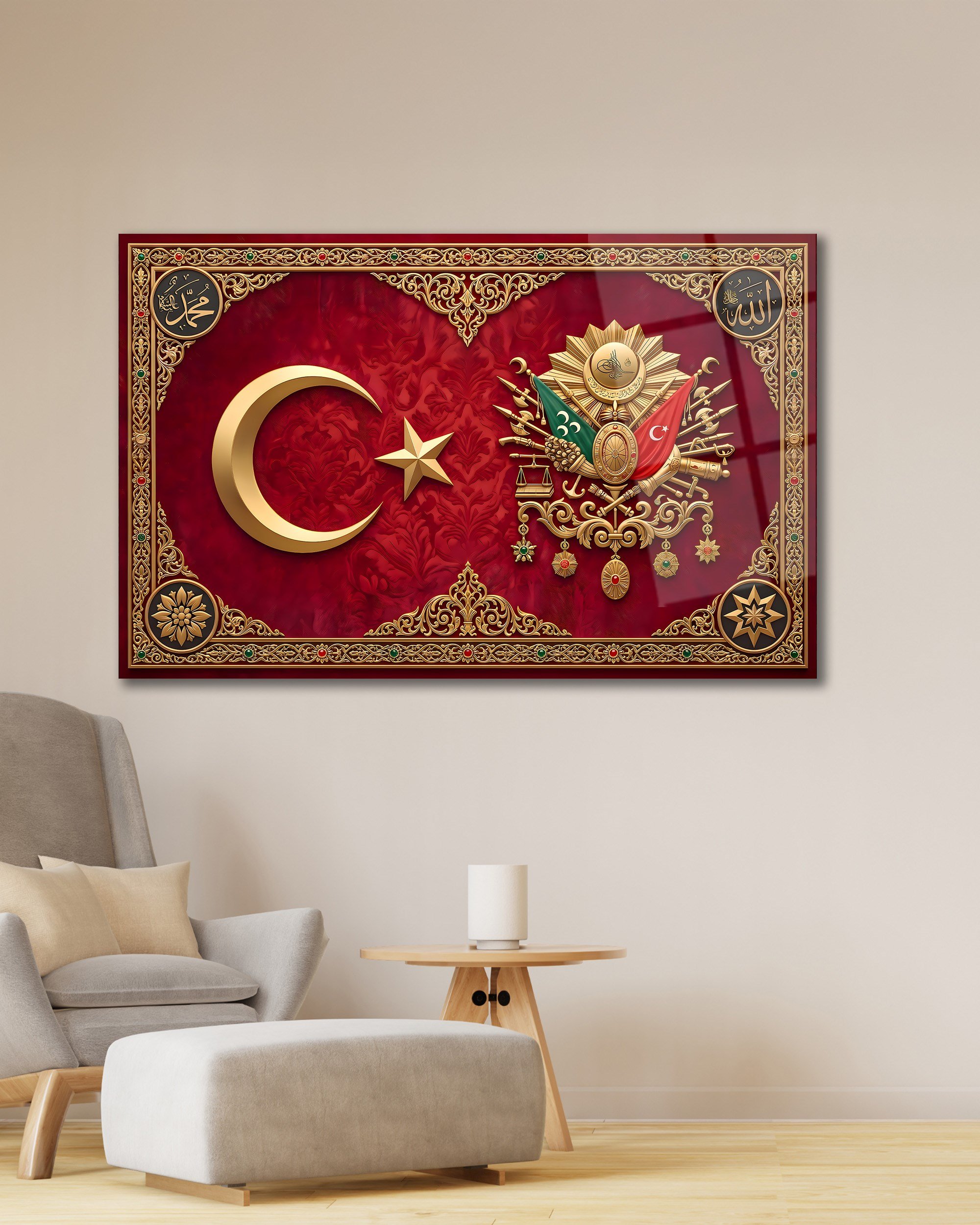 Osmanlı Armalı ve Türk Bayraklı Cam Tablo - Allah Muhammed Yazılı Lüks Duvar Dekoru