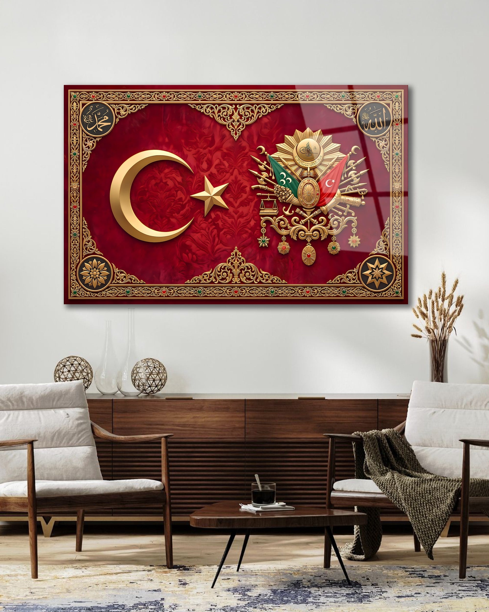 Osmanlı Armalı ve Türk Bayraklı Cam Tablo - Allah Muhammed Yazılı Lüks Duvar Dekoru