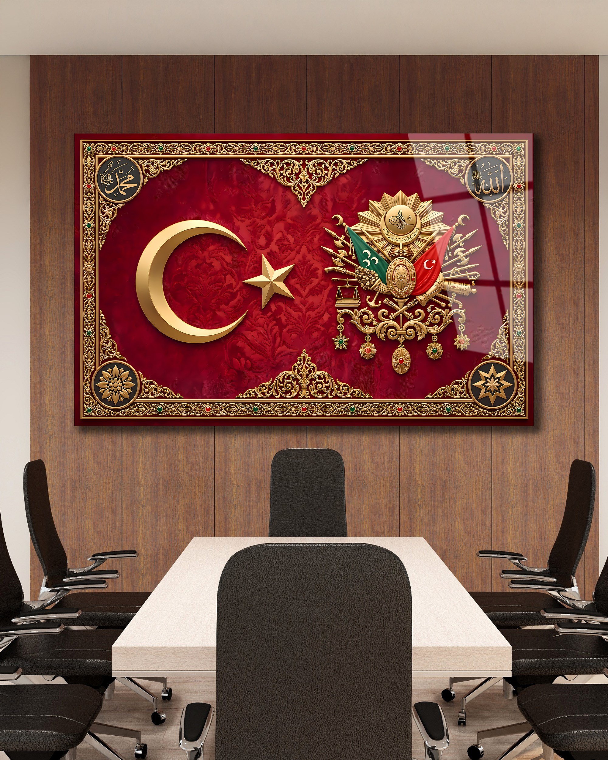 Osmanlı Armalı ve Türk Bayraklı Cam Tablo - Allah Muhammed Yazılı Lüks Duvar Dekoru