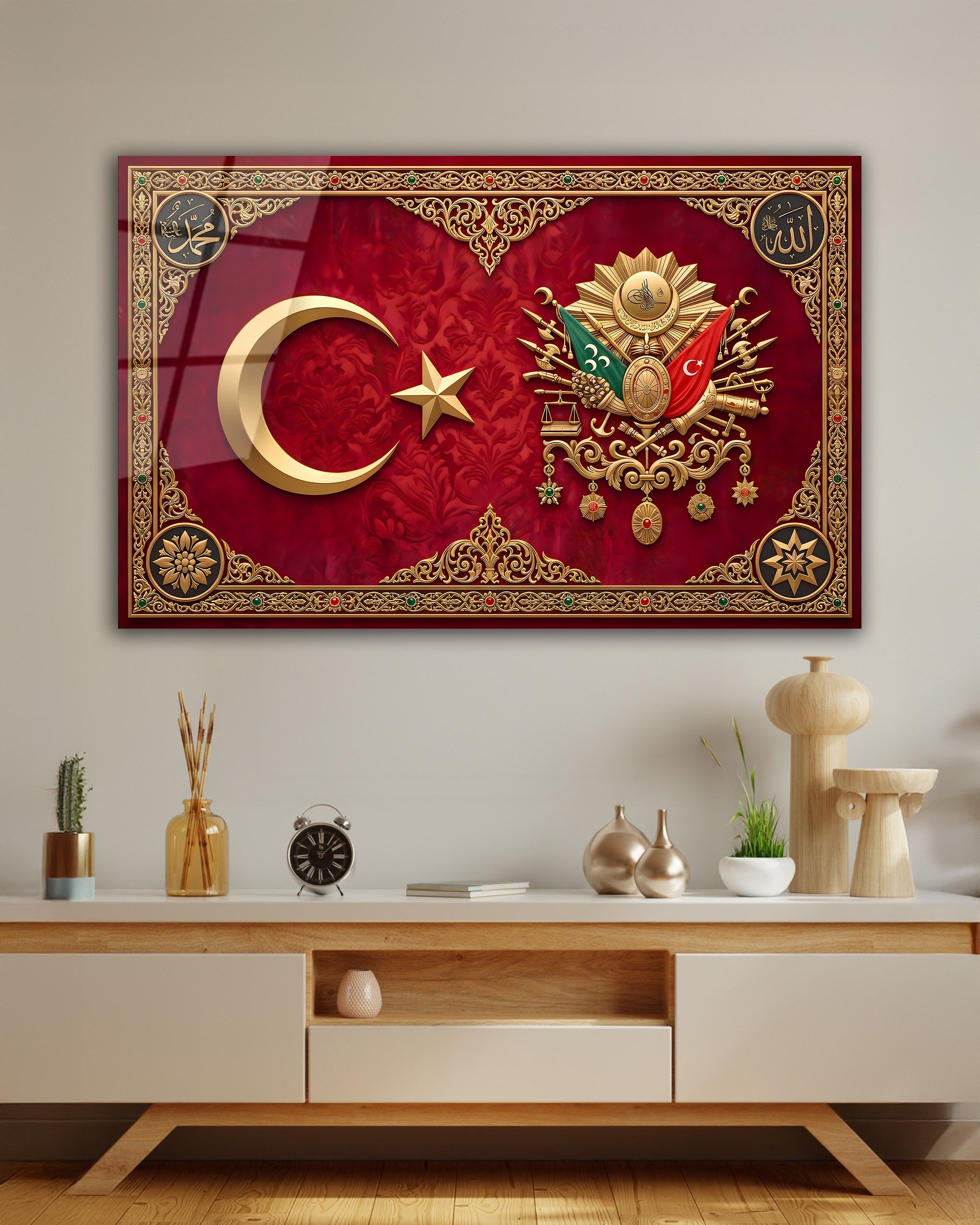 Osmanlı Armalı ve Türk Bayraklı Cam Tablo - Allah Muhammed Yazılı Lüks Duvar Dekoru