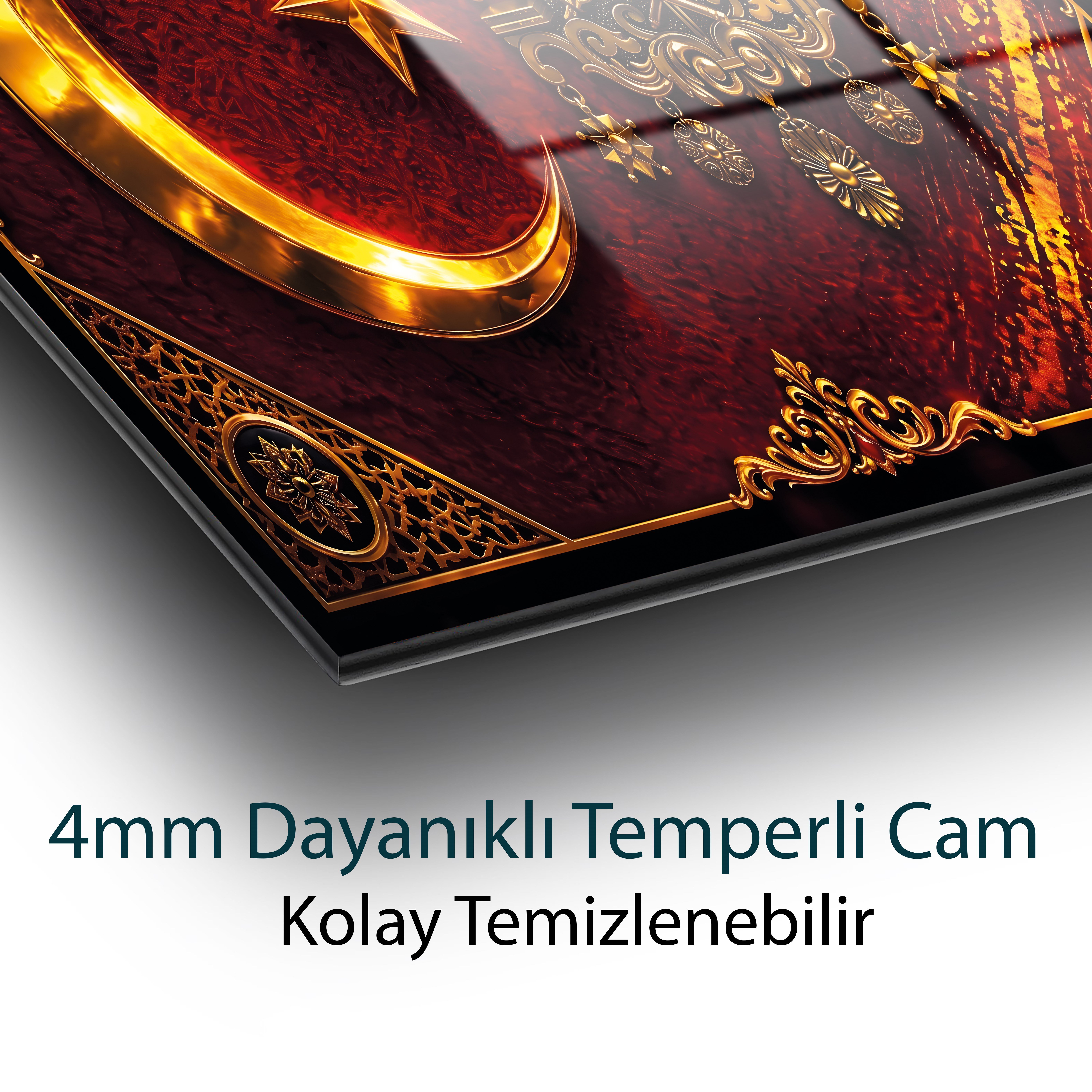 Osmanlı Arması ve Hilal Cam Tablo | Allah ve Muhammed Hat Yazılı Temperli Cam Duvar Tablosu | 4 mm Dekoratif Cam Tablo
