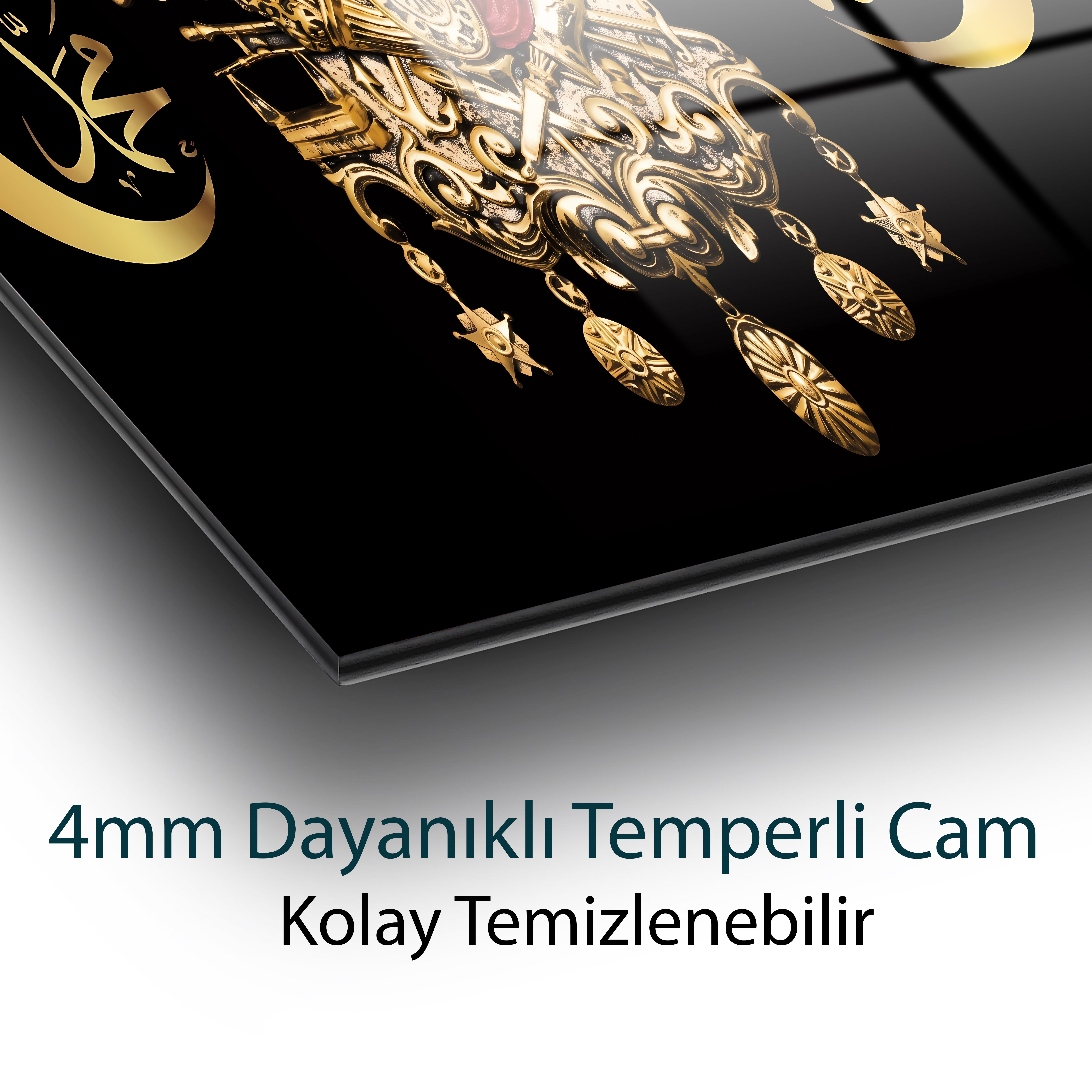 Osmanlı Devlet Arması Cam Tablo | Allah ve Muhammed Hat Yazılı Temperli Cam Duvar Tablosu | 4 mm Dekoratif Cam Tablo