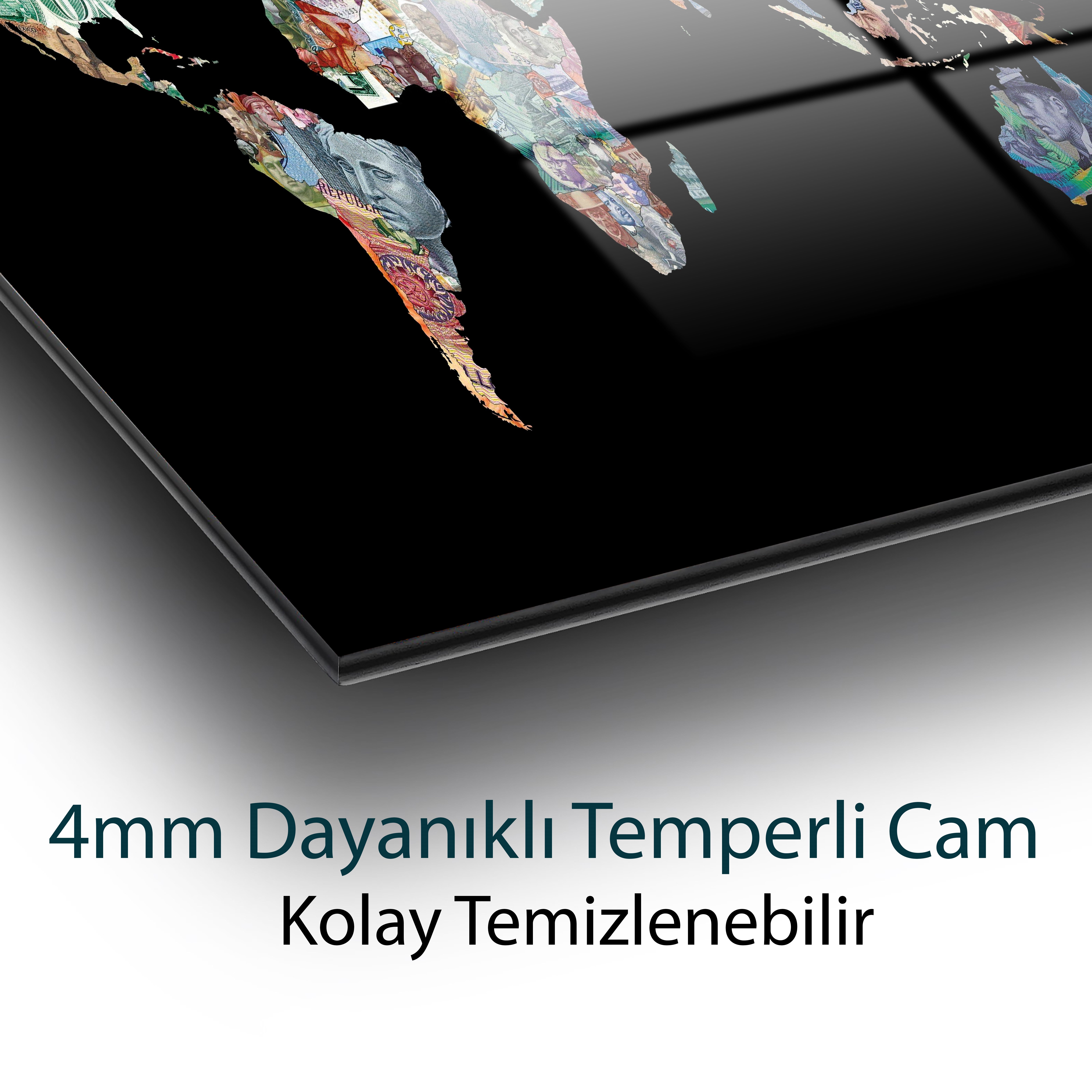 Para Desenli Dünya Haritası Cam Tablo 4mm Dayanıklı Temperli Cam