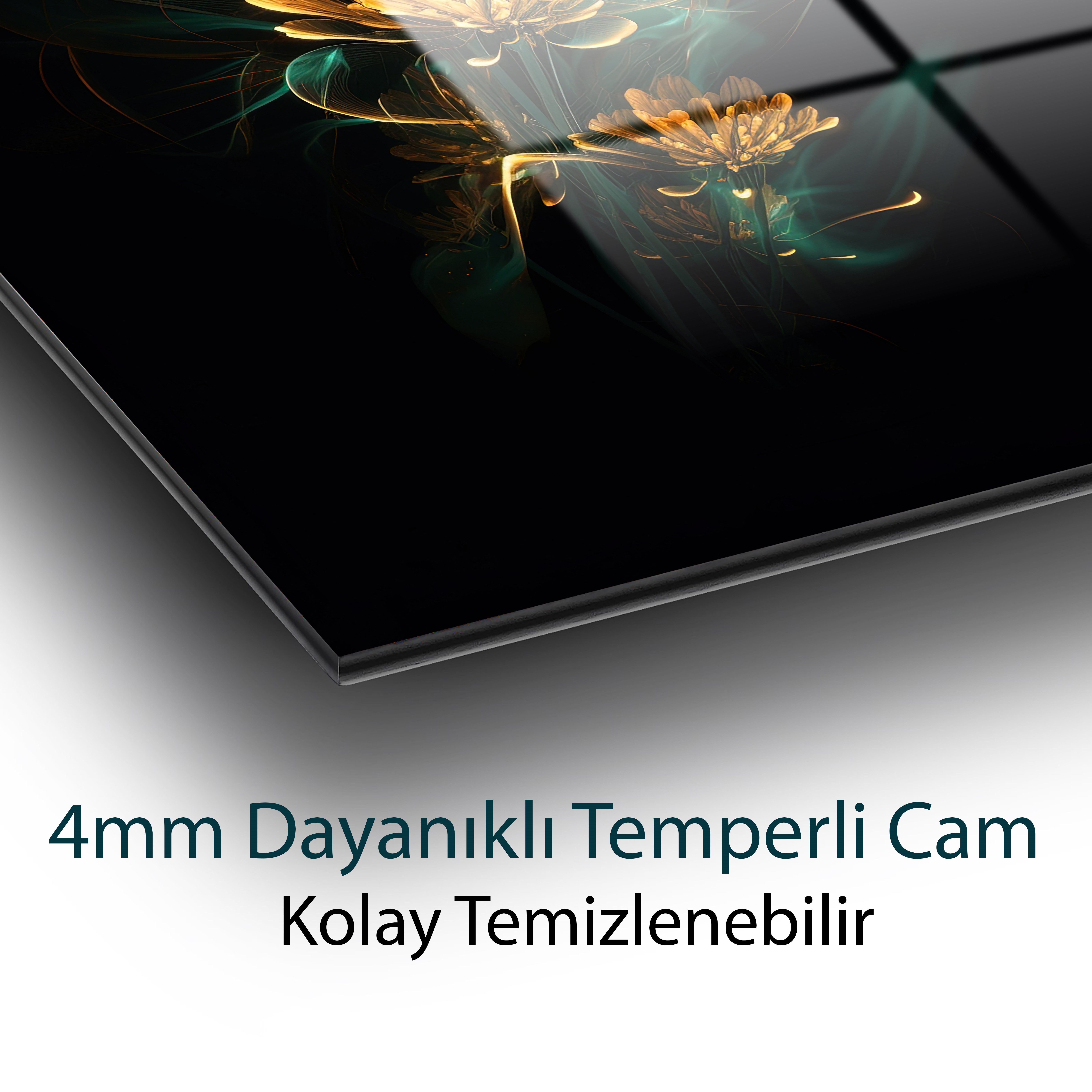 Parıltılı Çiçek Cam Tablo 4mm Dayanıklı Temperli Cam