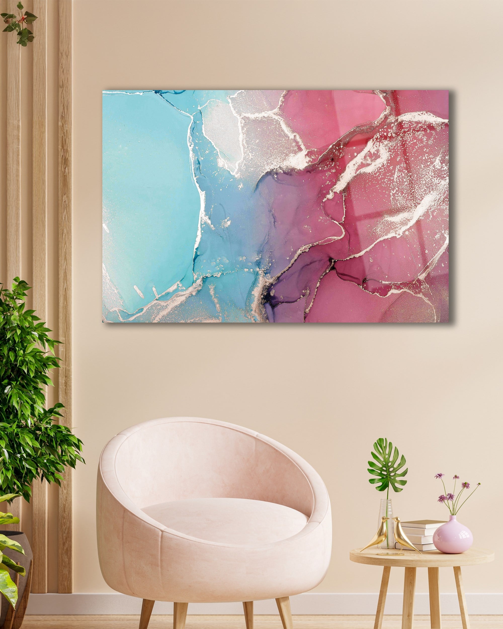 Pembe Mavi Renkli Soyut Tablo Tablo 4mm Dayanıklı Temperli Cam