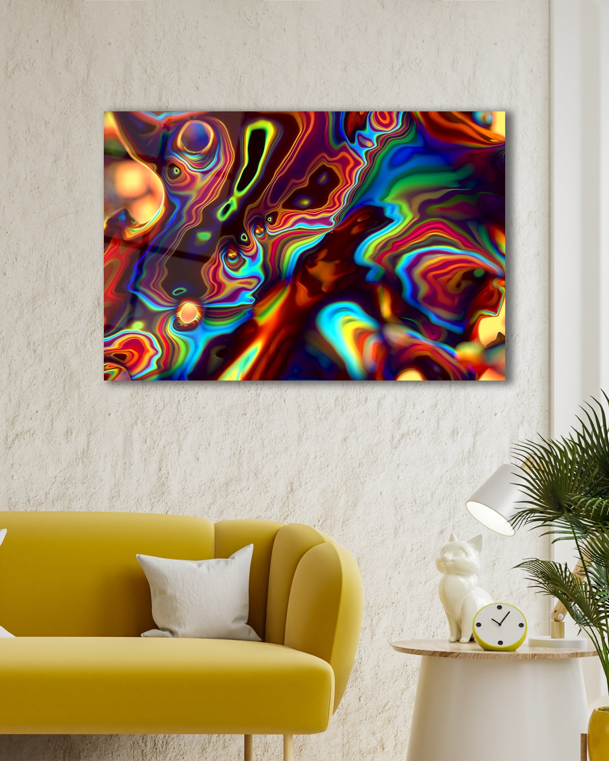 Psikedelik Soyut Cam Tablo | Renkli Abstract Duvar Tablosu | Modern Neon Sanat | 4 mm Premium Temperli Cam