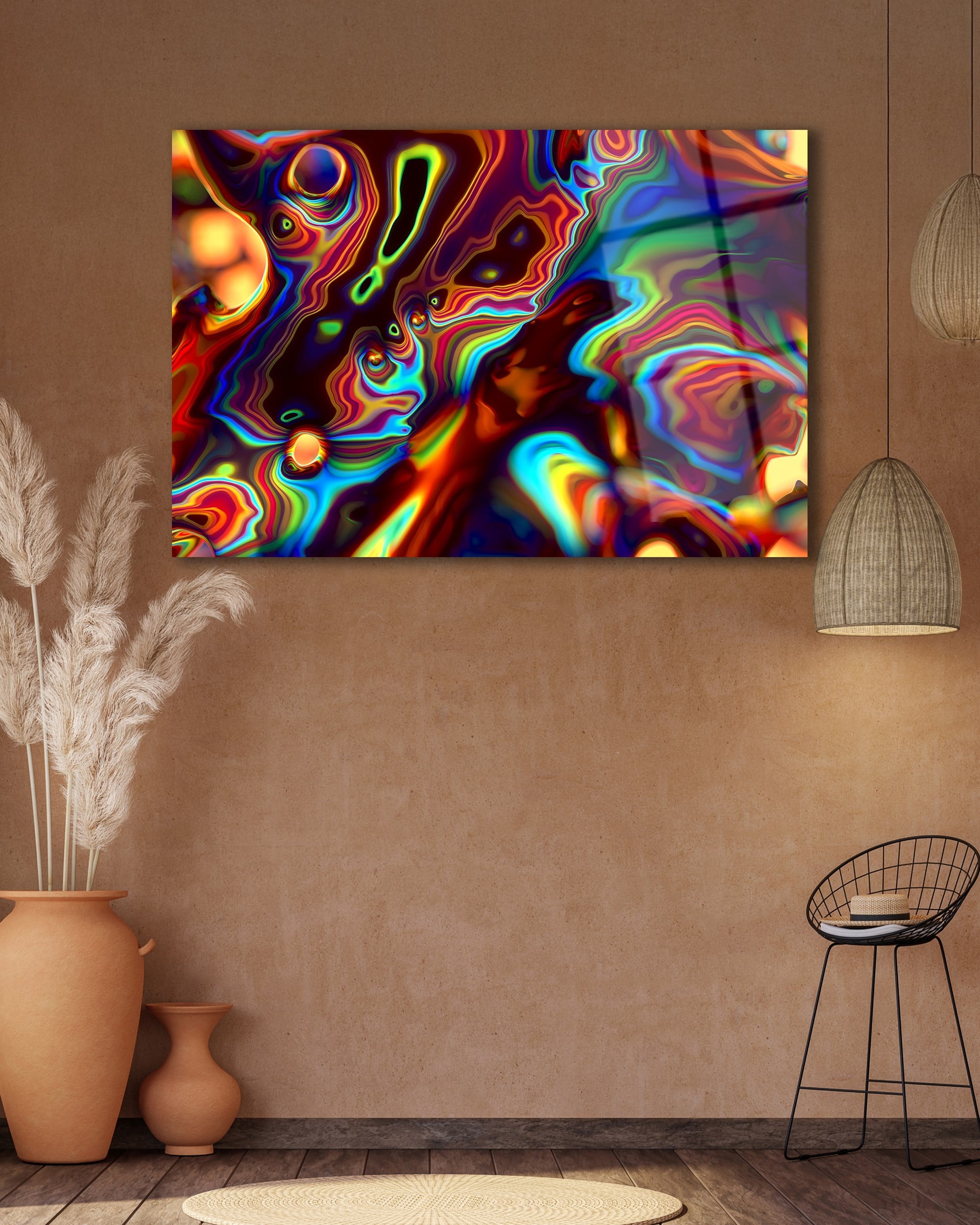Psikedelik Soyut Cam Tablo | Renkli Abstract Duvar Tablosu | Modern Neon Sanat | 4 mm Premium Temperli Cam