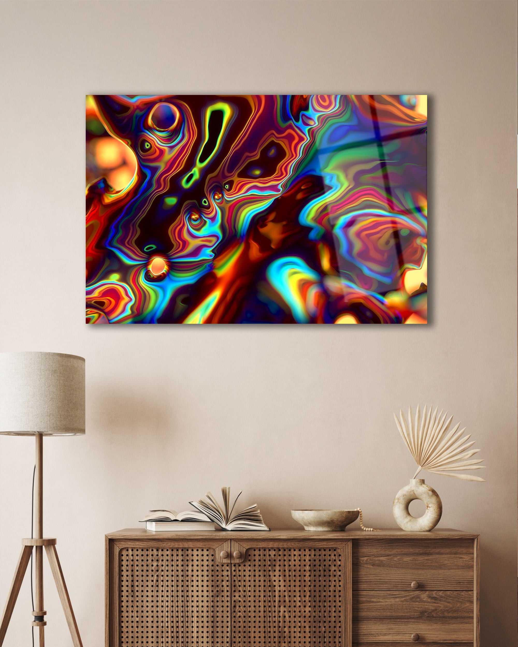 Psikedelik Soyut Cam Tablo | Renkli Abstract Duvar Tablosu | Modern Neon Sanat | 4 mm Premium Temperli Cam