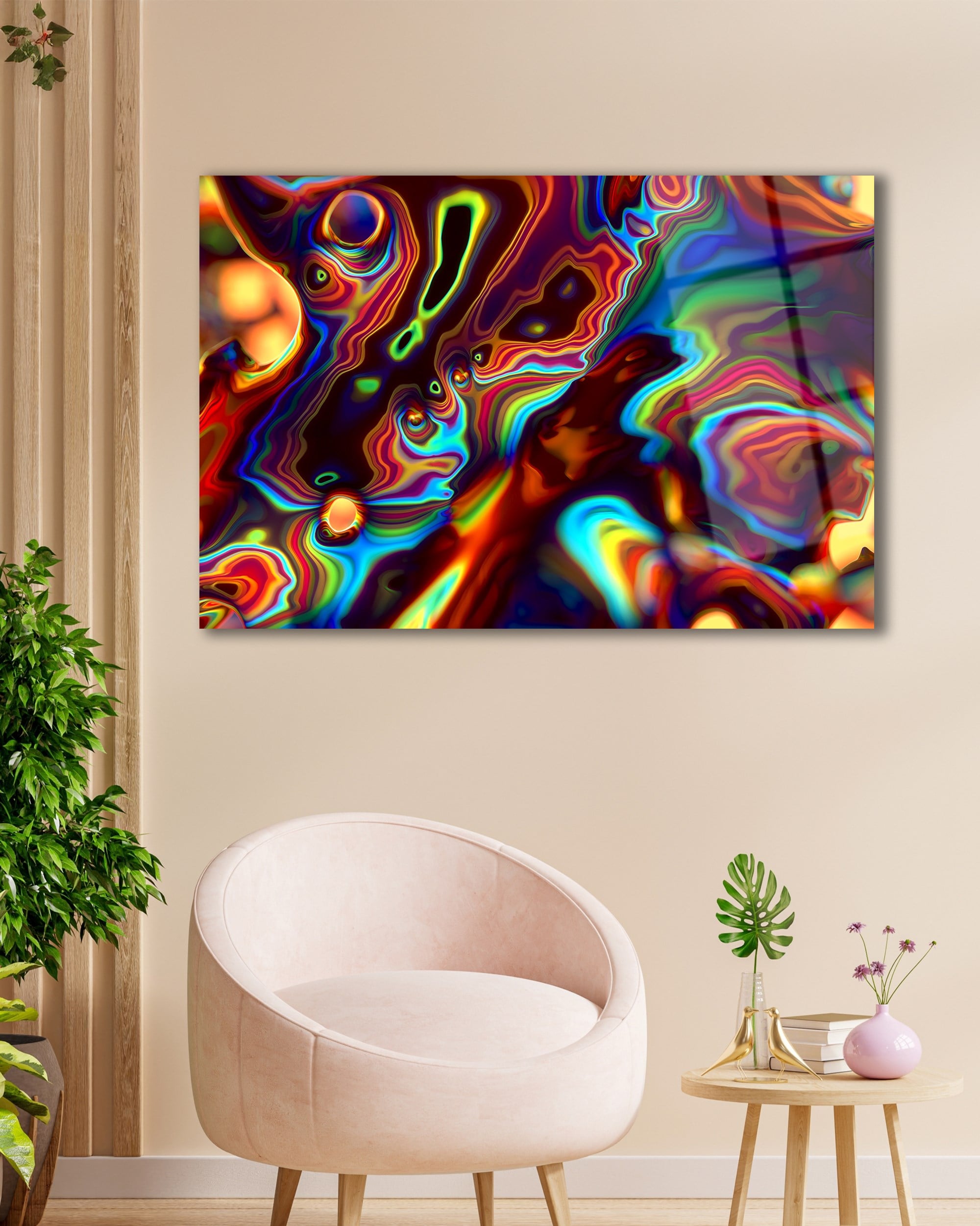 Psikedelik Soyut Cam Tablo | Renkli Abstract Duvar Tablosu | Modern Neon Sanat | 4 mm Premium Temperli Cam