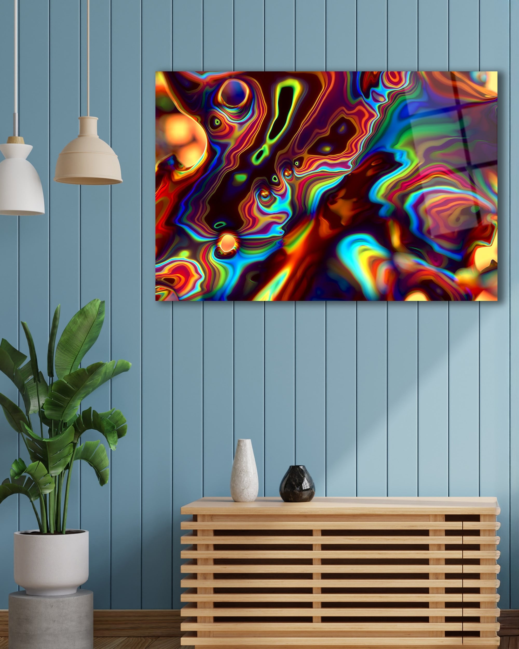 Psikedelik Soyut Cam Tablo | Renkli Abstract Duvar Tablosu | Modern Neon Sanat | 4 mm Premium Temperli Cam