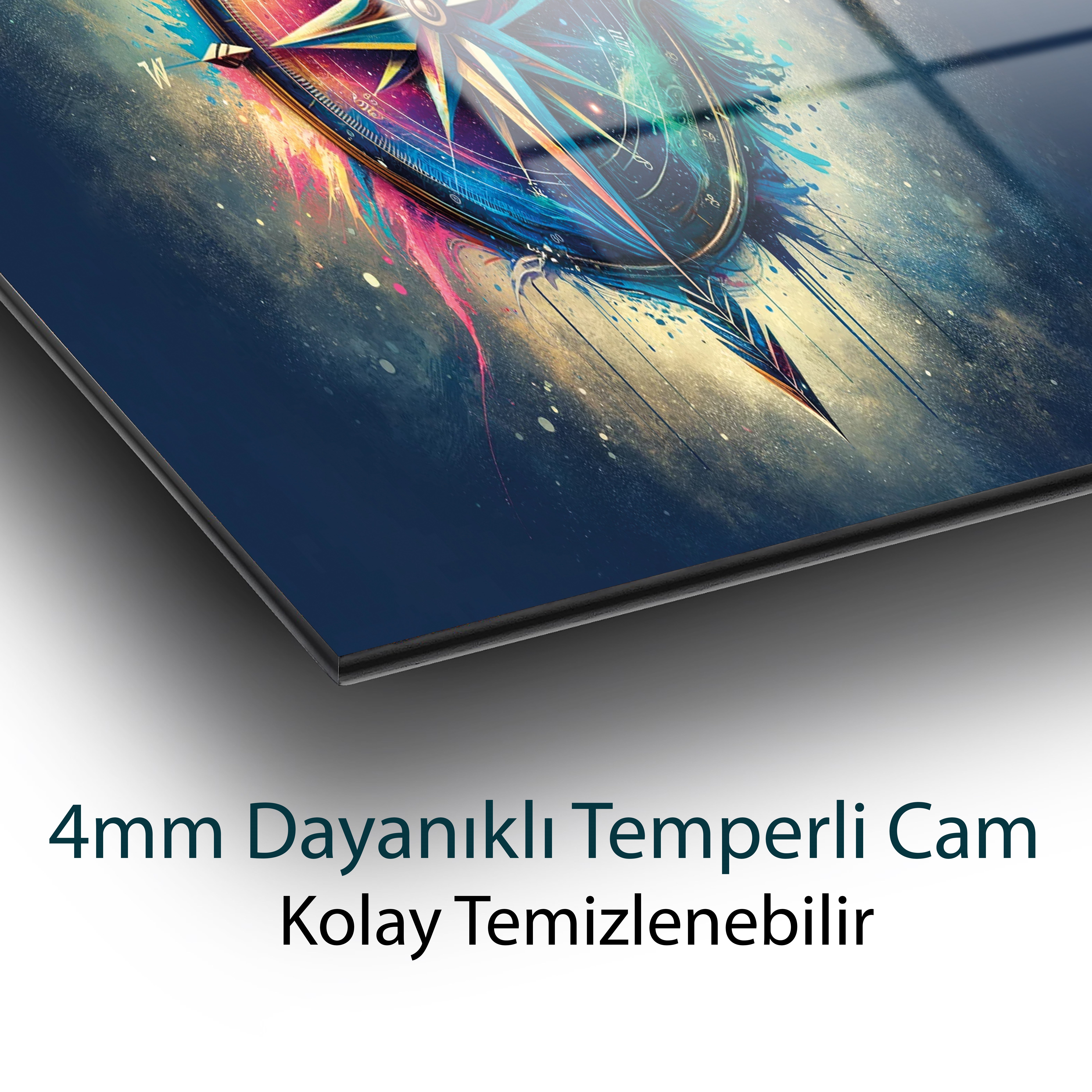 Pusula Cam Tablo | Renkli Denizcilik Pusulası Temperli Cam Duvar Tablosu | 4 mm Dekoratif Cam Tablo