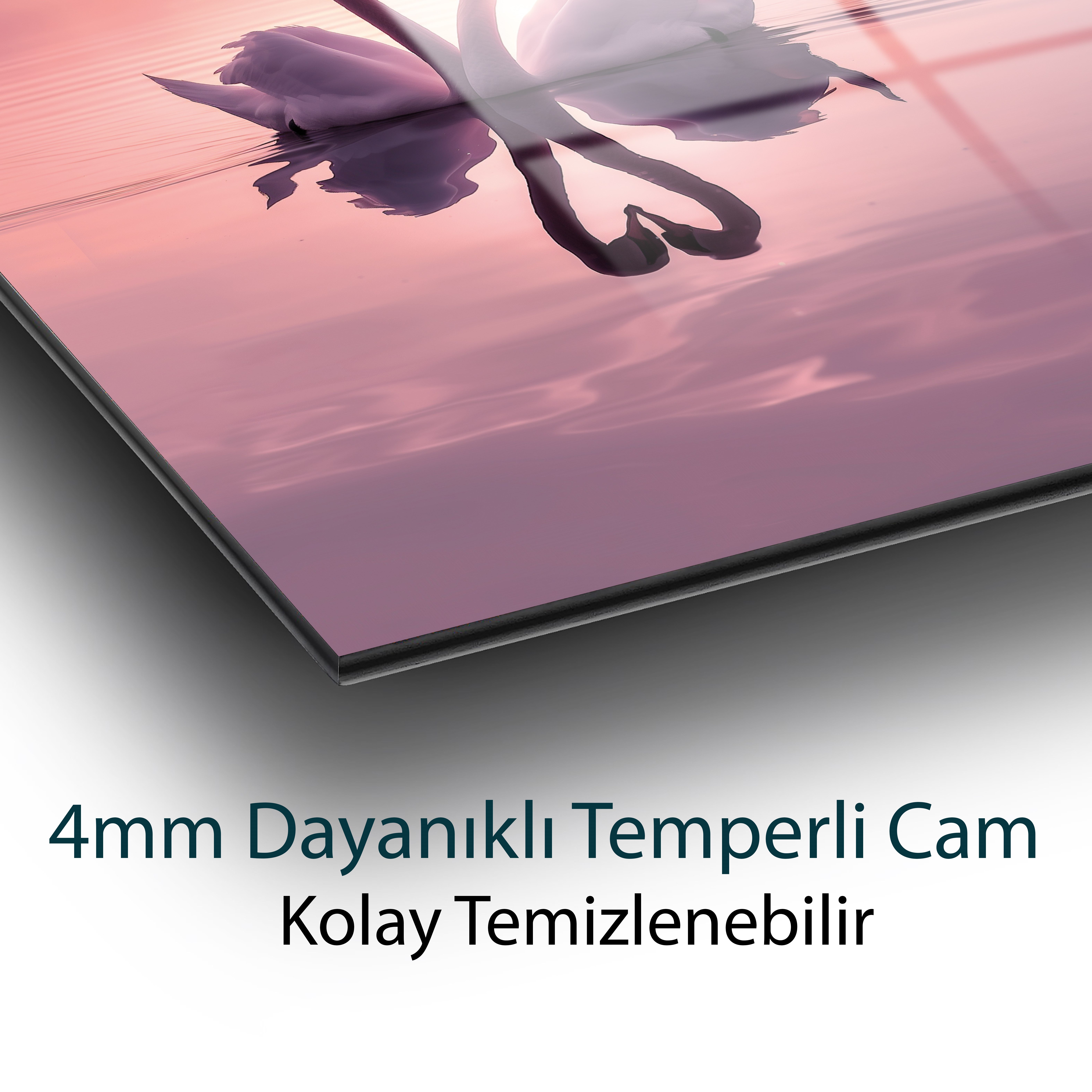Romantik Kuğular Temperli Cam Tablo | Gün Batımı Aşk Temalı Duvar Dekoru | Lüks Cam Tablo